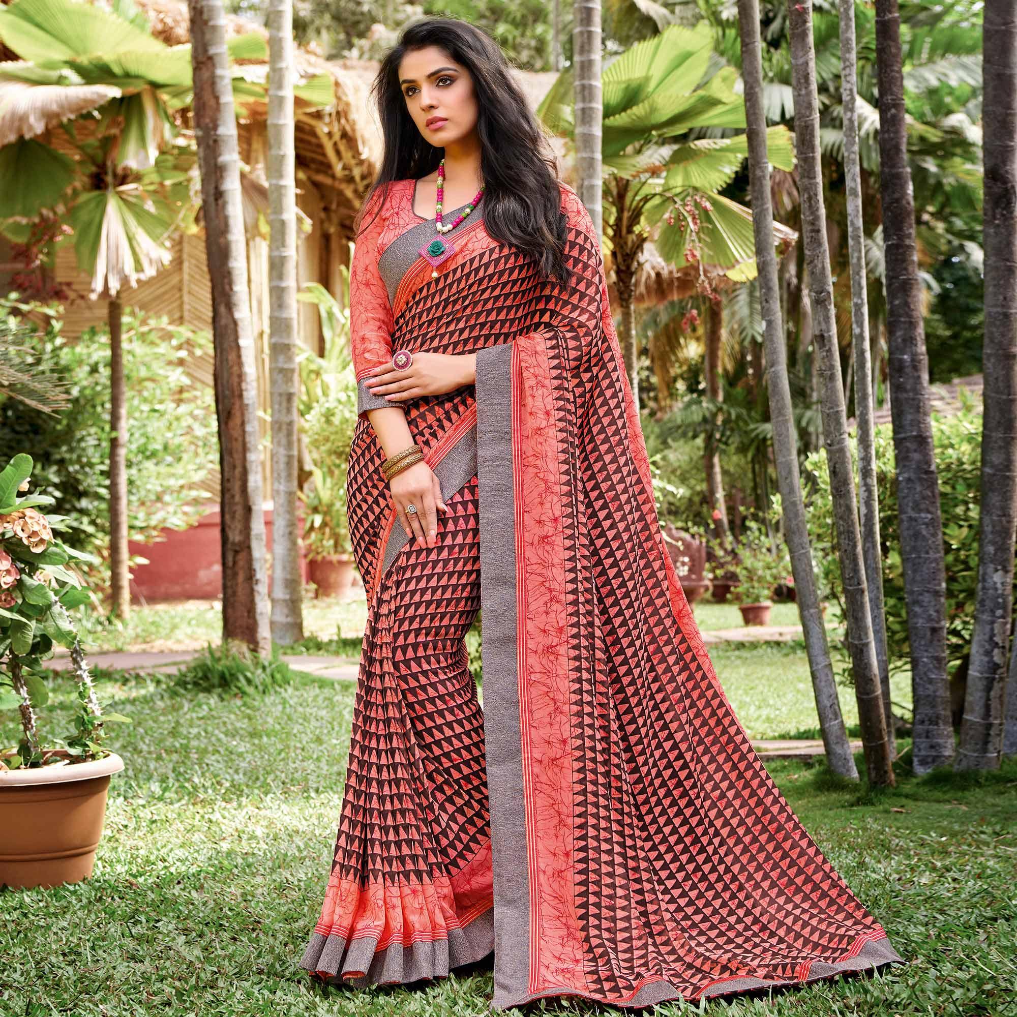 Opulent Peach - Black Colored Partywear Printed Georgette Saree - Peachmode
