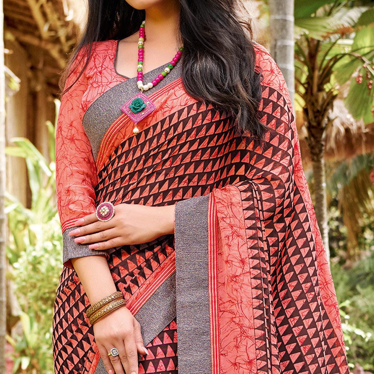 Opulent Peach - Black Colored Partywear Printed Georgette Saree - Peachmode