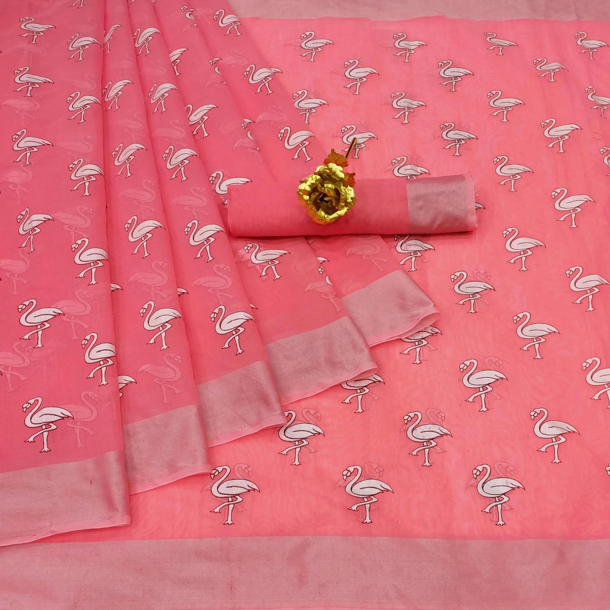 Opulent Peach Colored Casual Wear Printed Cotton Linen Saree - Peachmode