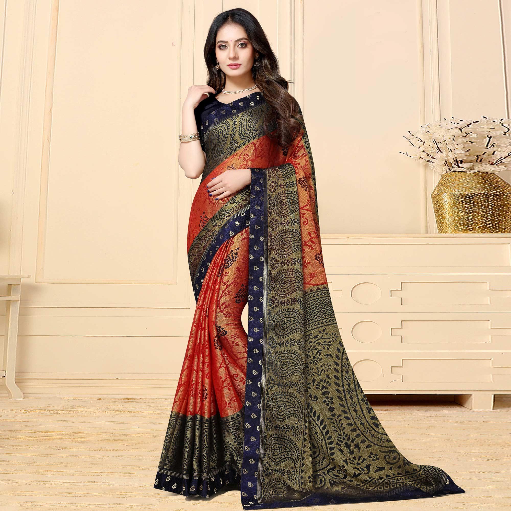 Opulent Peach Colored Festive Wear Printed Chiffon Brasso Saree - Peachmode