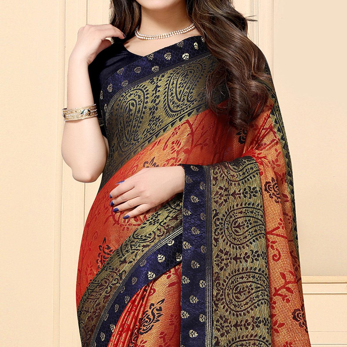 Opulent Peach Colored Festive Wear Printed Chiffon Brasso Saree - Peachmode