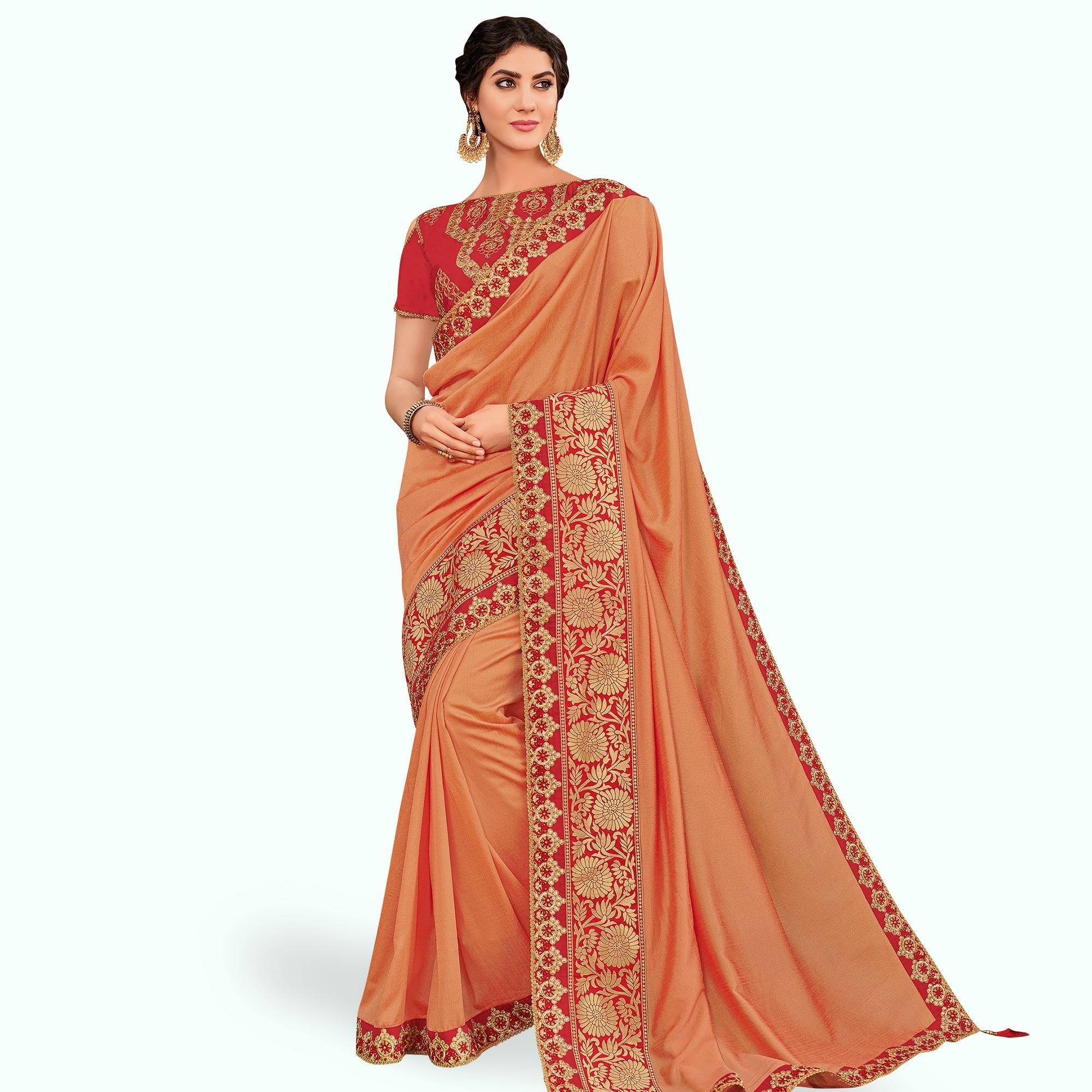Opulent Peach Colored Partywear Embroidered Art Silk Saree - Peachmode