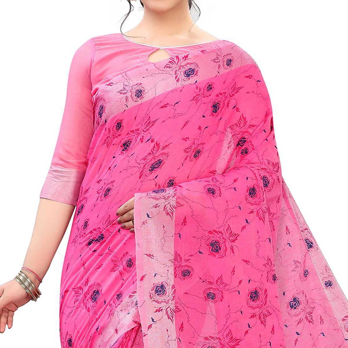 Opulent Pink Colored Casual Wear Printed Cotton Linen Saree - Peachmode