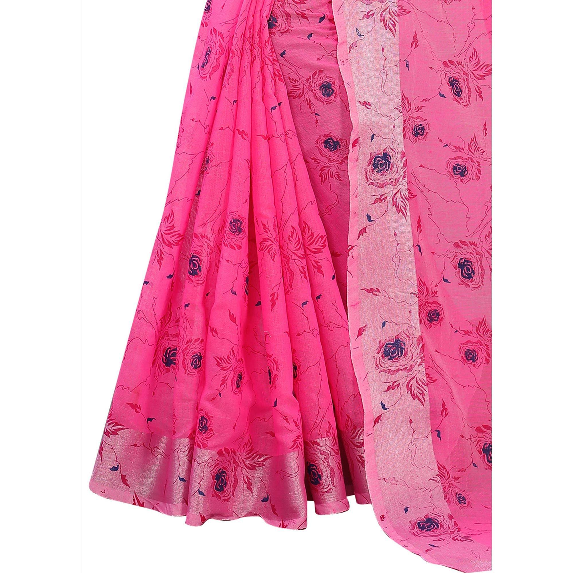 Opulent Pink Colored Casual Wear Printed Cotton Linen Saree - Peachmode