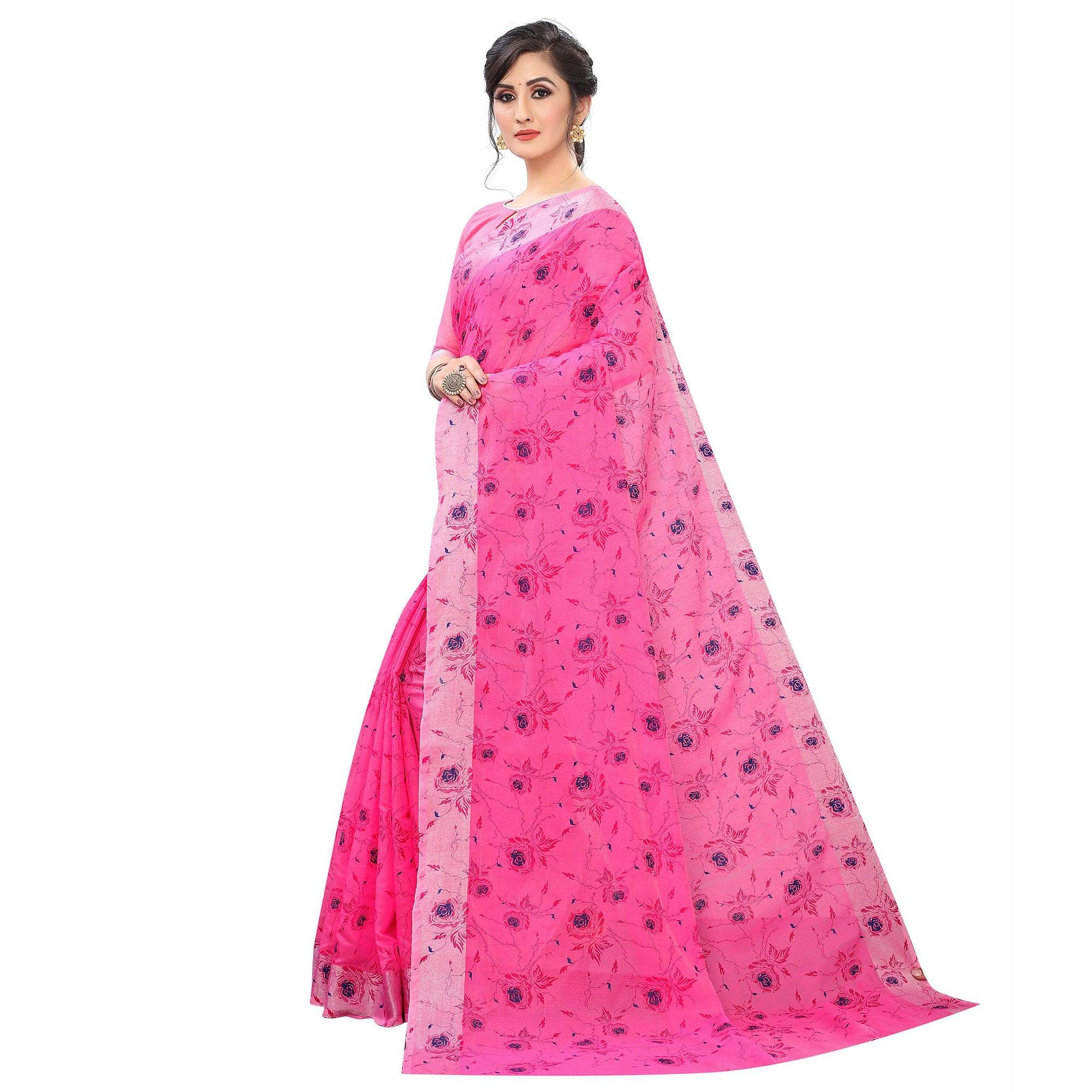 Opulent Pink Colored Casual Wear Printed Cotton Linen Saree - Peachmode