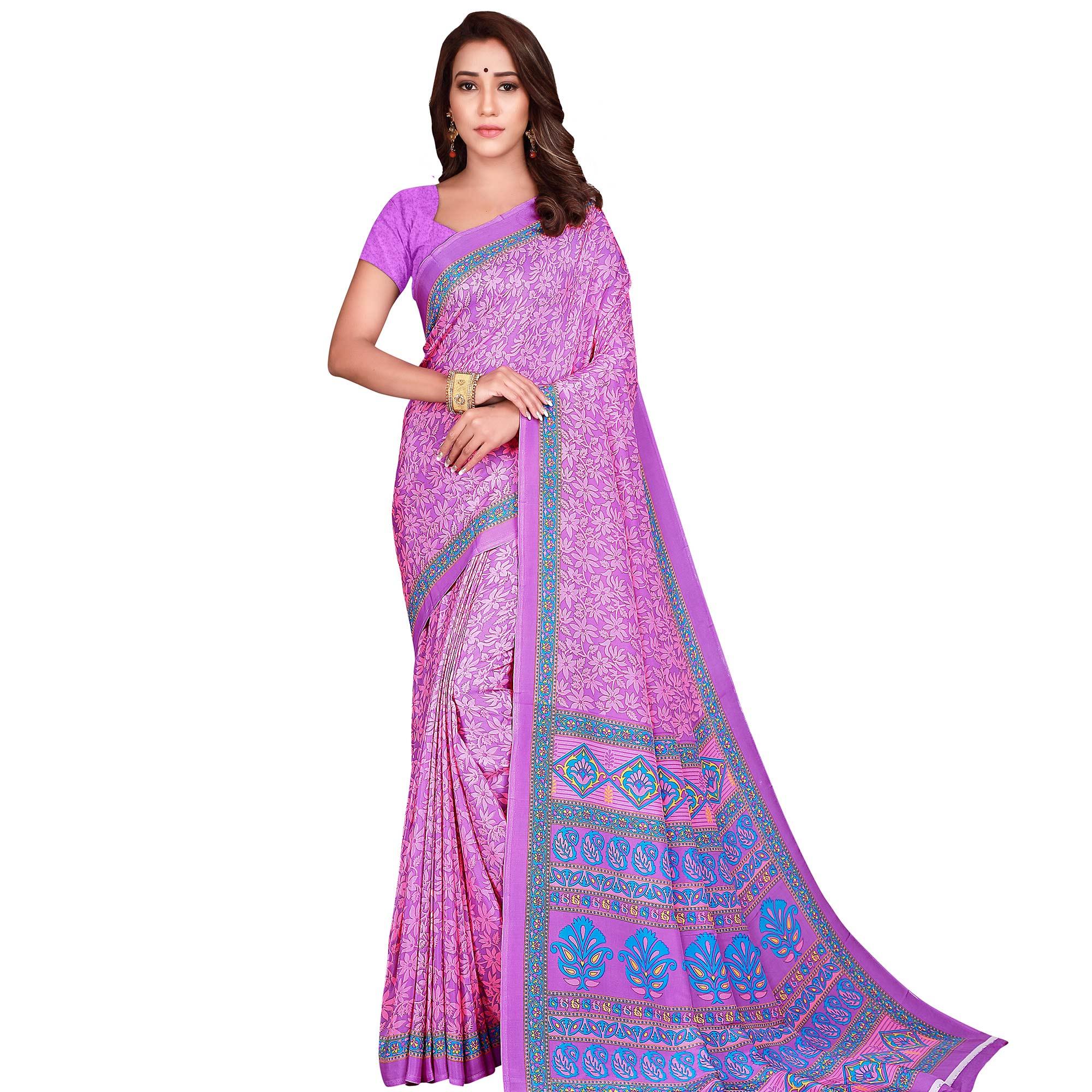 Opulent Pink Colored Casual Wear Printed Crepe Saree - Peachmode