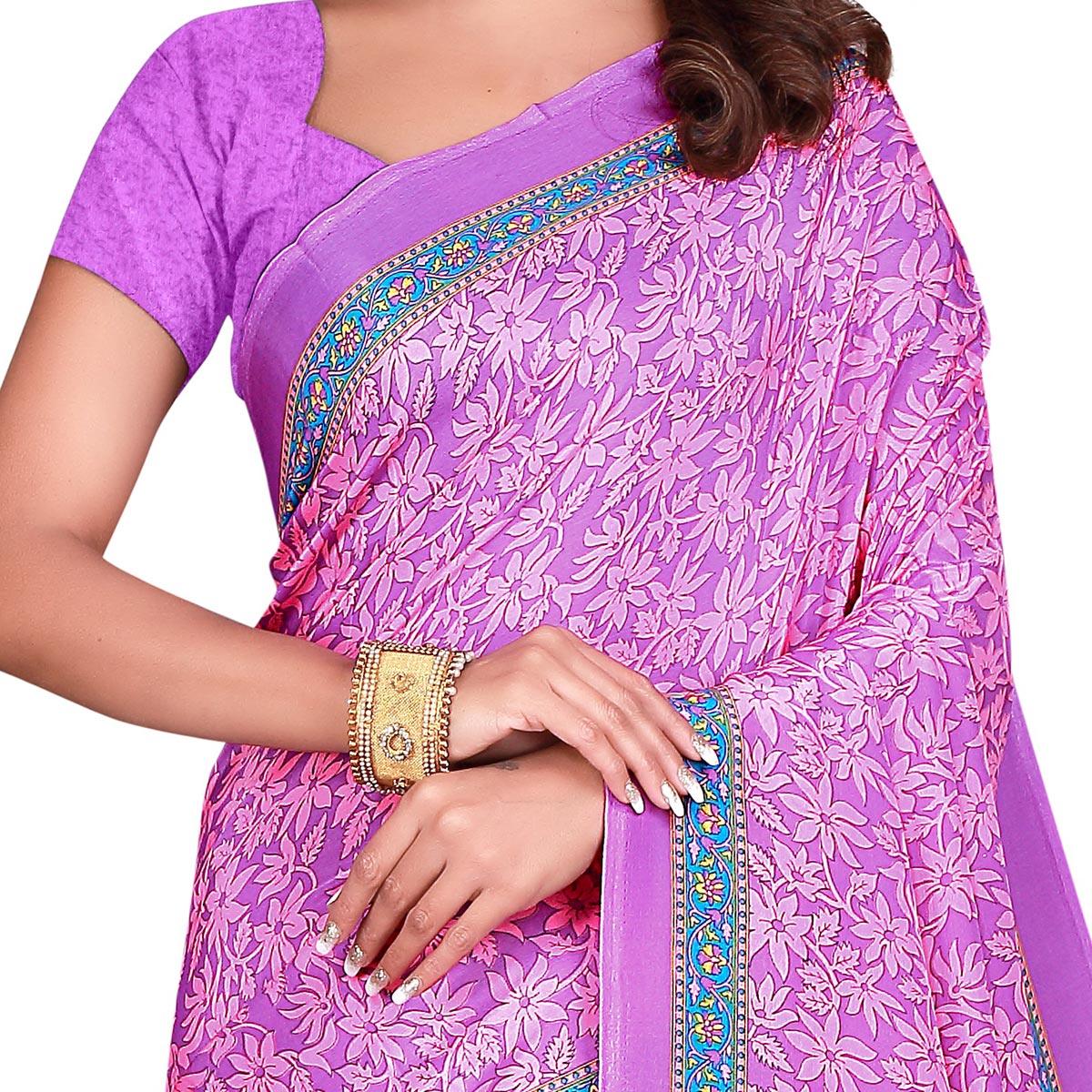 Opulent Pink Colored Casual Wear Printed Crepe Saree - Peachmode
