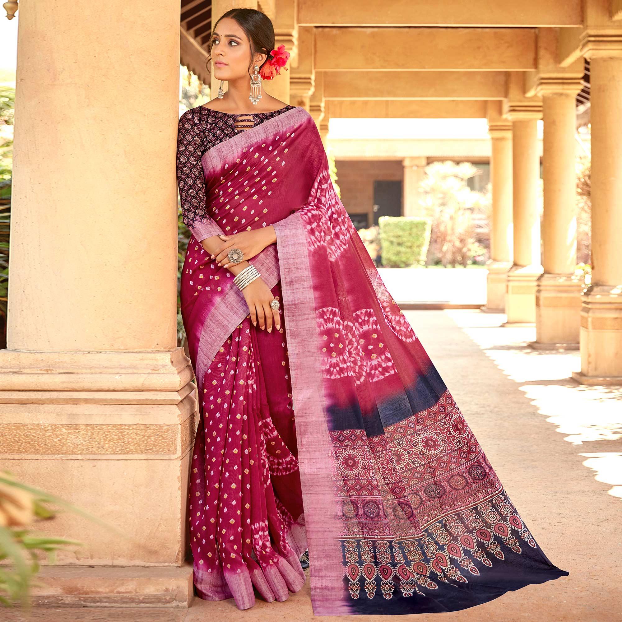 Opulent Pink Colored Digital Printed Festive Wear Linen Designer Saree - Peachmode