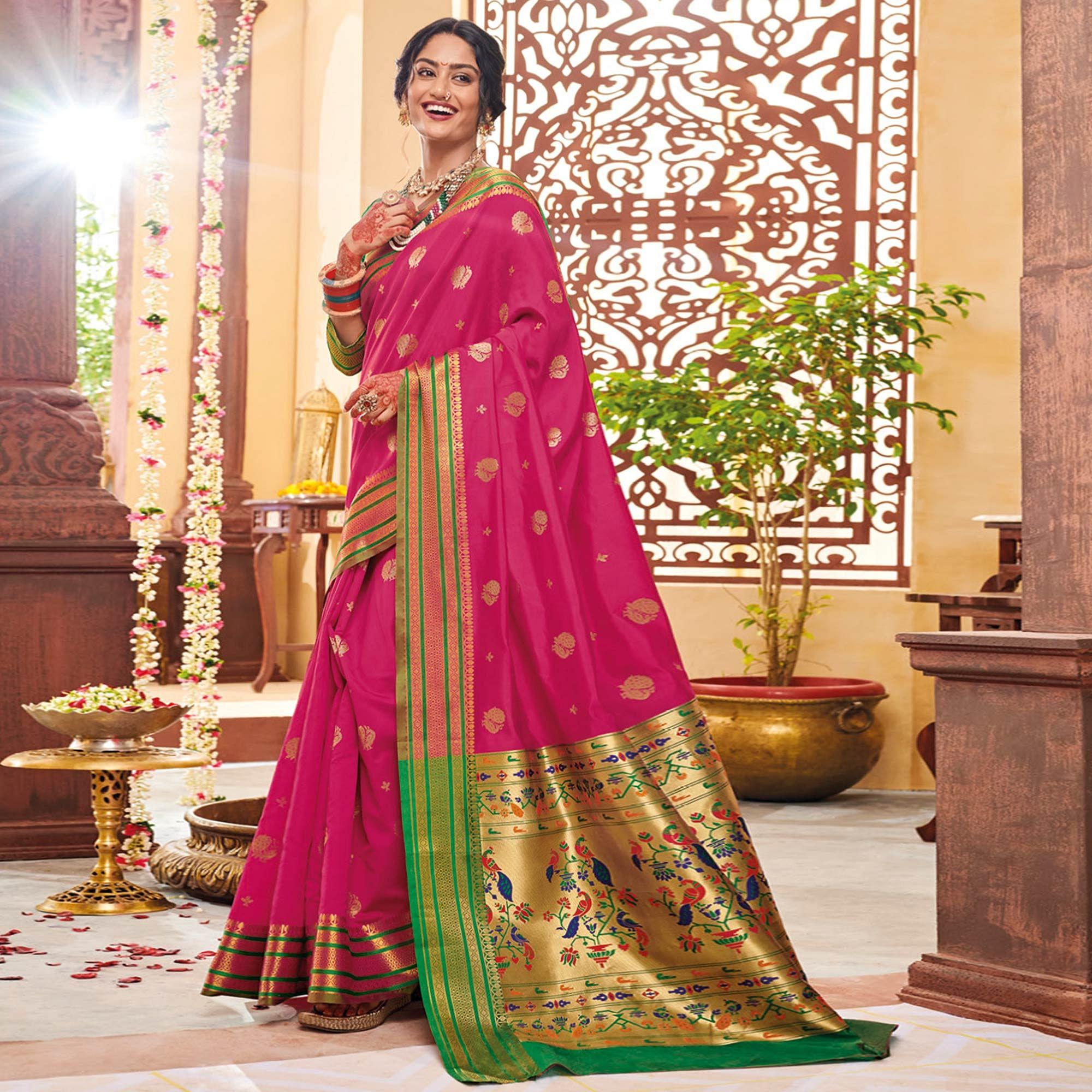 Opulent Pink Colored Festive Wear Woven Silk Saree - Peachmode
