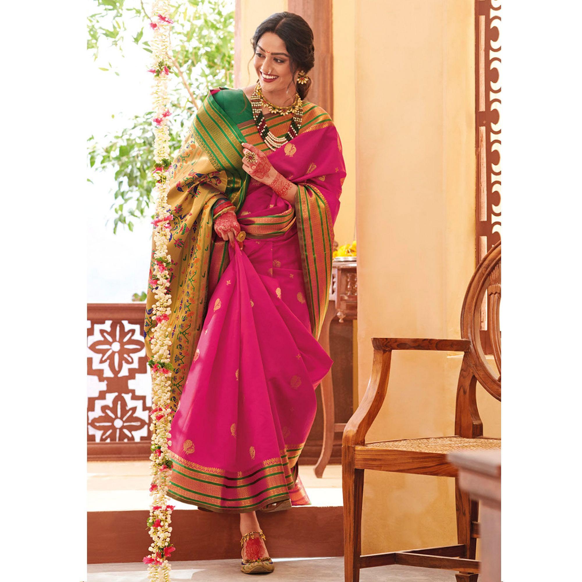 Opulent Pink Colored Festive Wear Woven Silk Saree - Peachmode