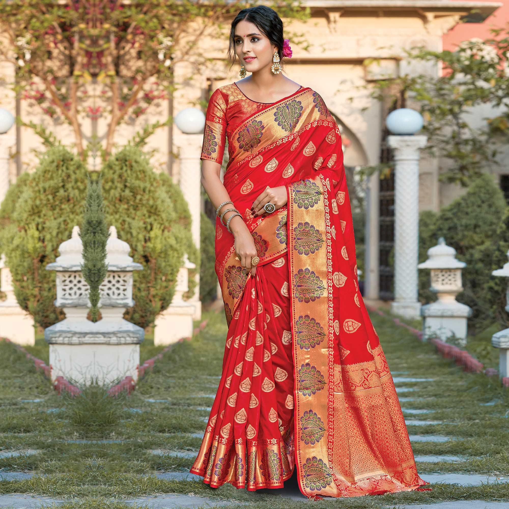 Opulent Pink Coloured Partywear Woven Silk Saree - Peachmode