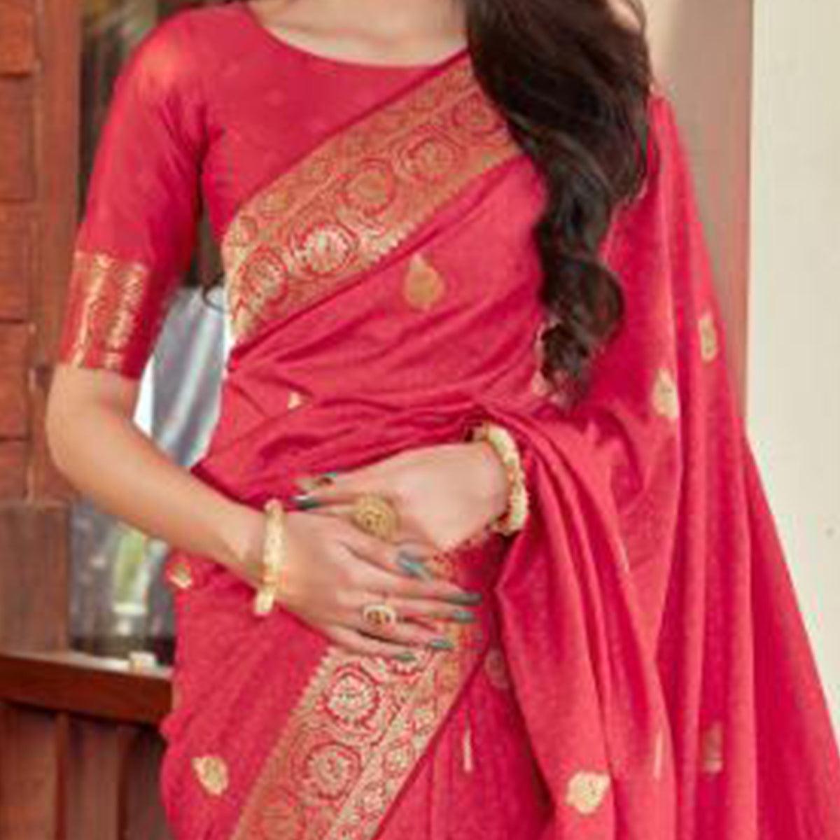 Opulent Pink Coloured Partywear Woven Silk Saree - Peachmode