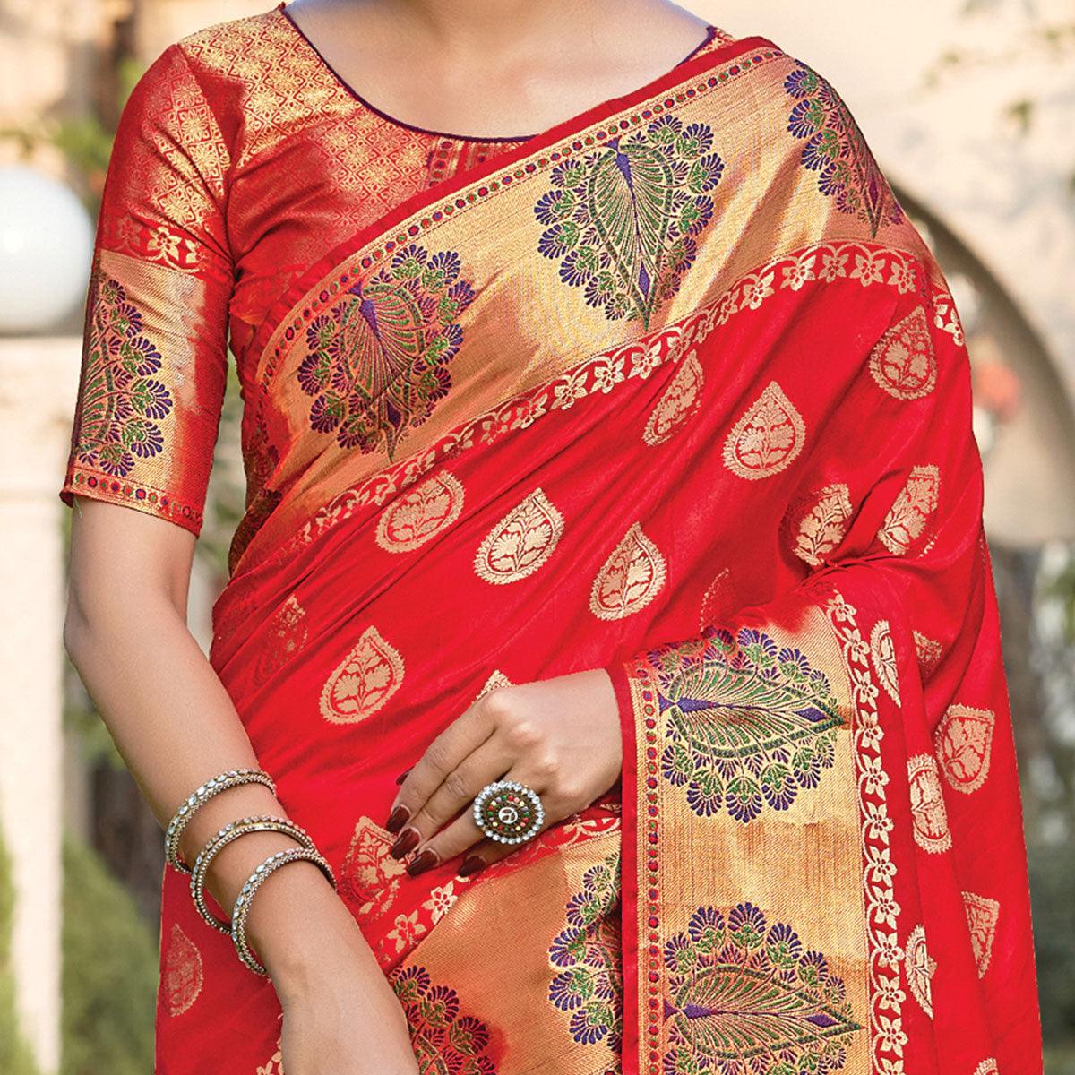 Opulent Pink Coloured Partywear Woven Silk Saree - Peachmode