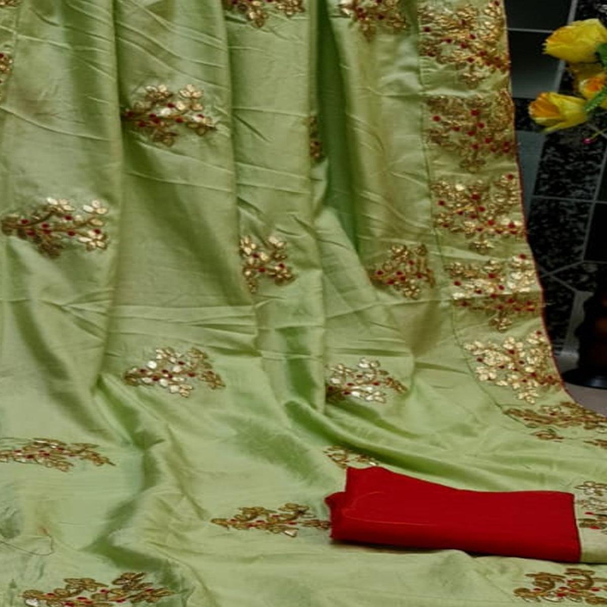 Opulent Pista Green Colored Festive Wear Woven Moss Georgette Saree - Peachmode