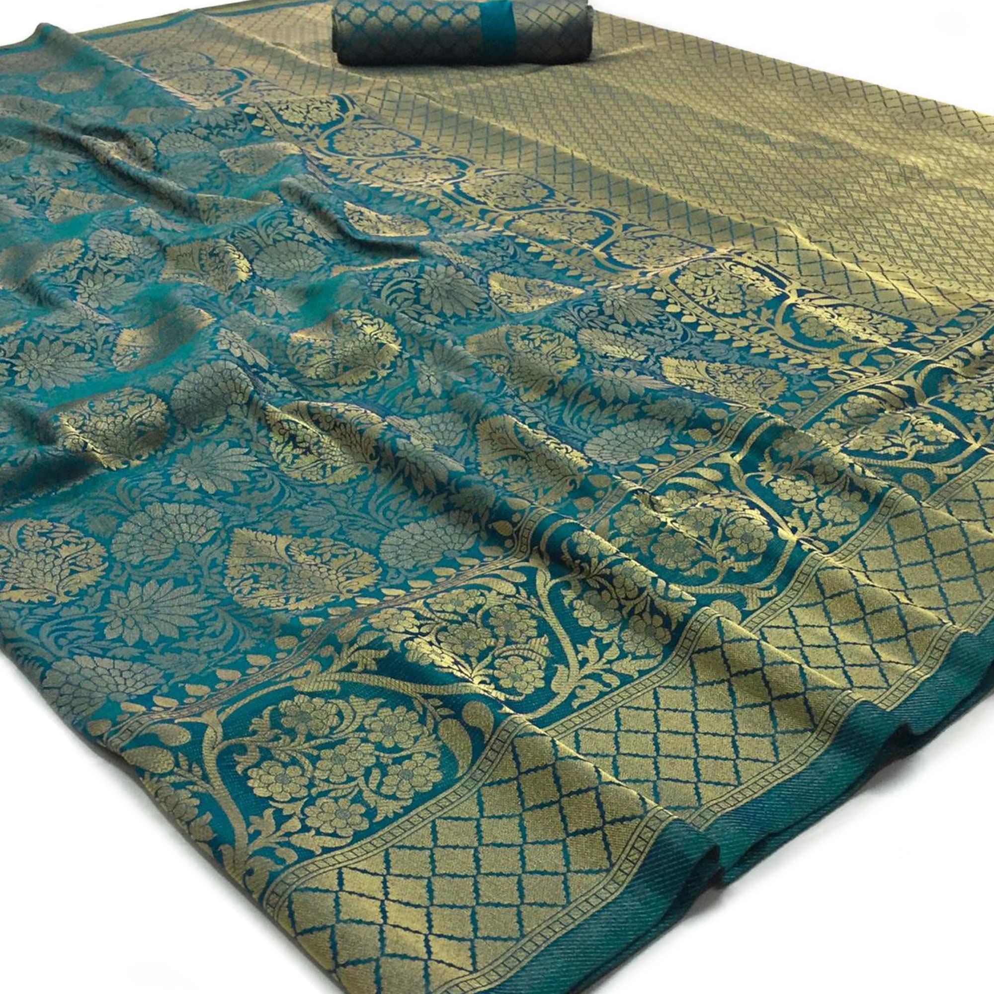 Opulent Rama Blue Colored Festive Wear Woven Art Silk Saree - Peachmode