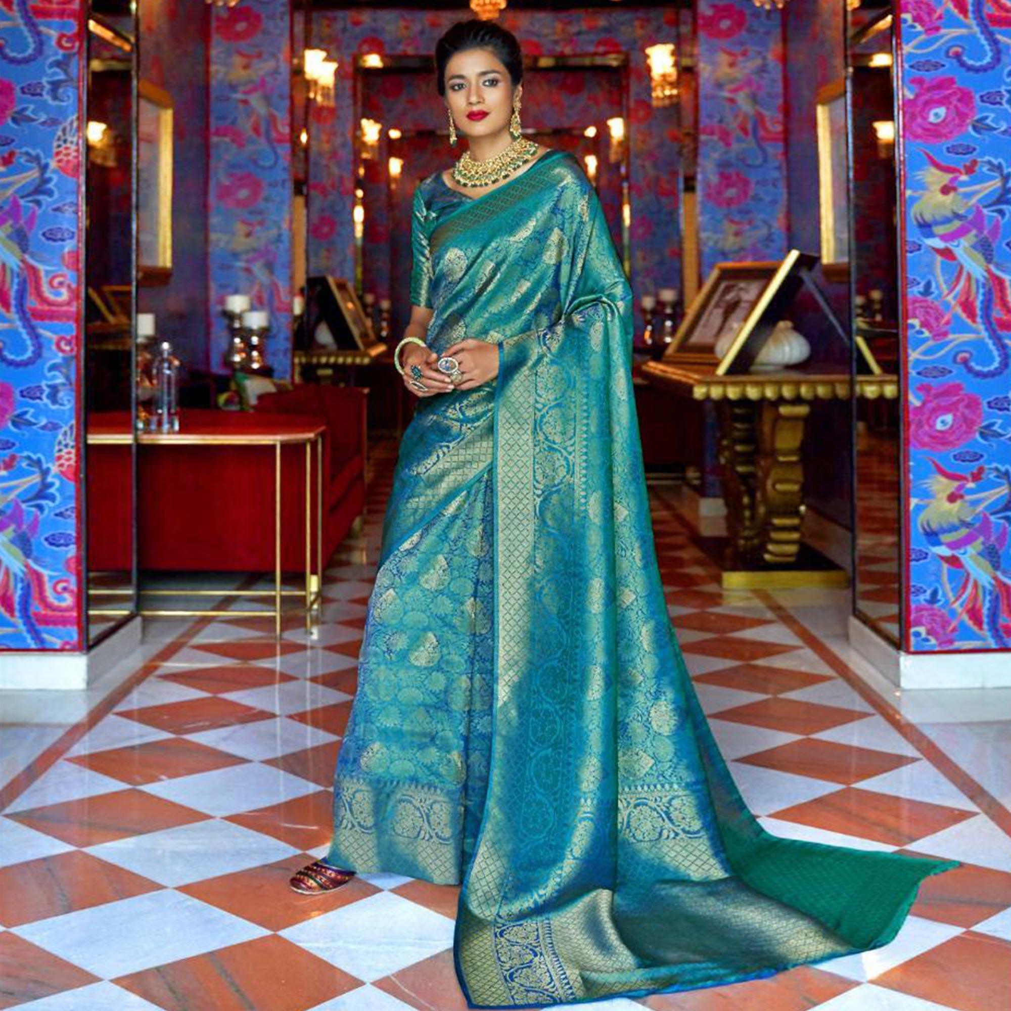 Opulent Rama Blue Colored Festive Wear Woven Art Silk Saree - Peachmode