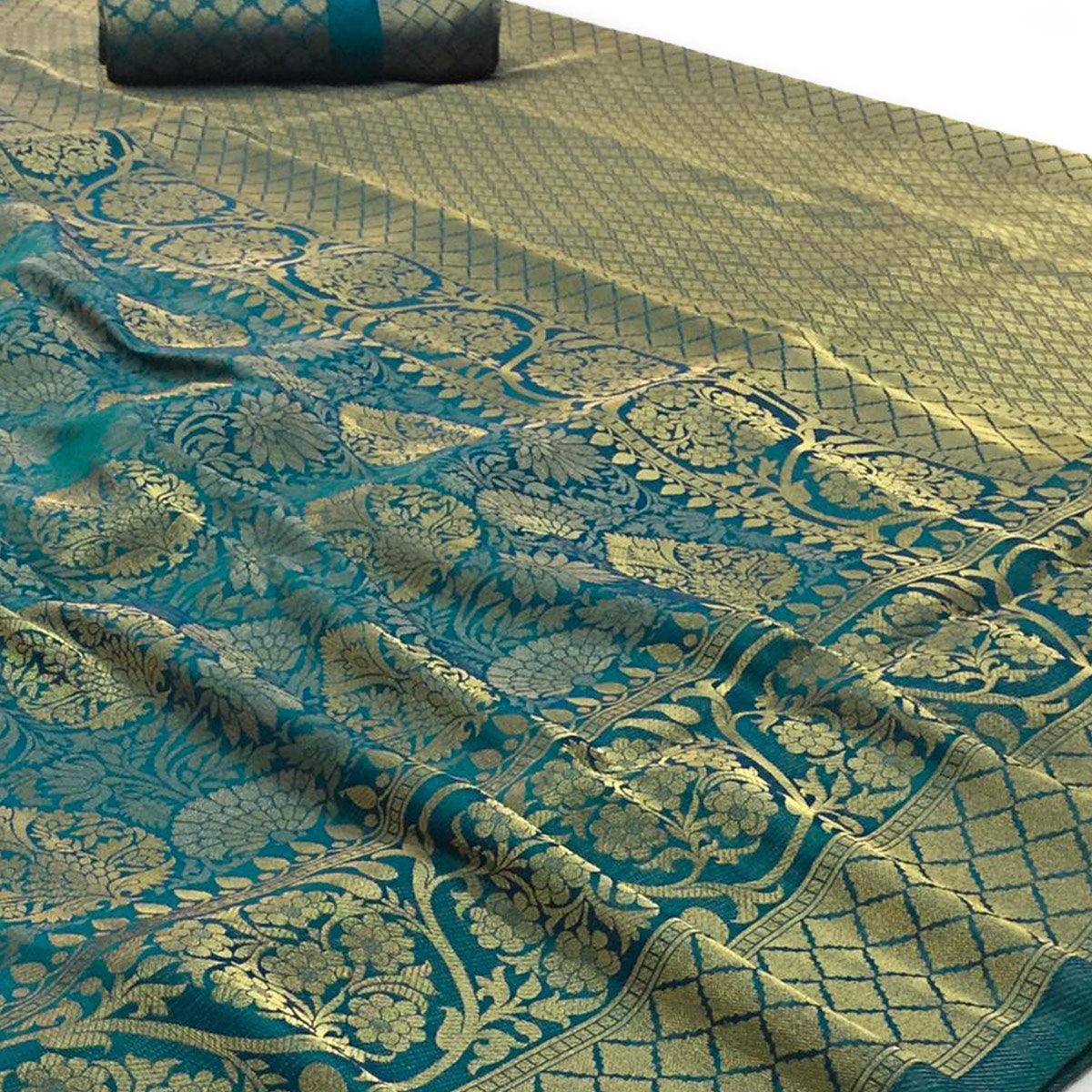 Opulent Rama Blue Colored Festive Wear Woven Art Silk Saree - Peachmode