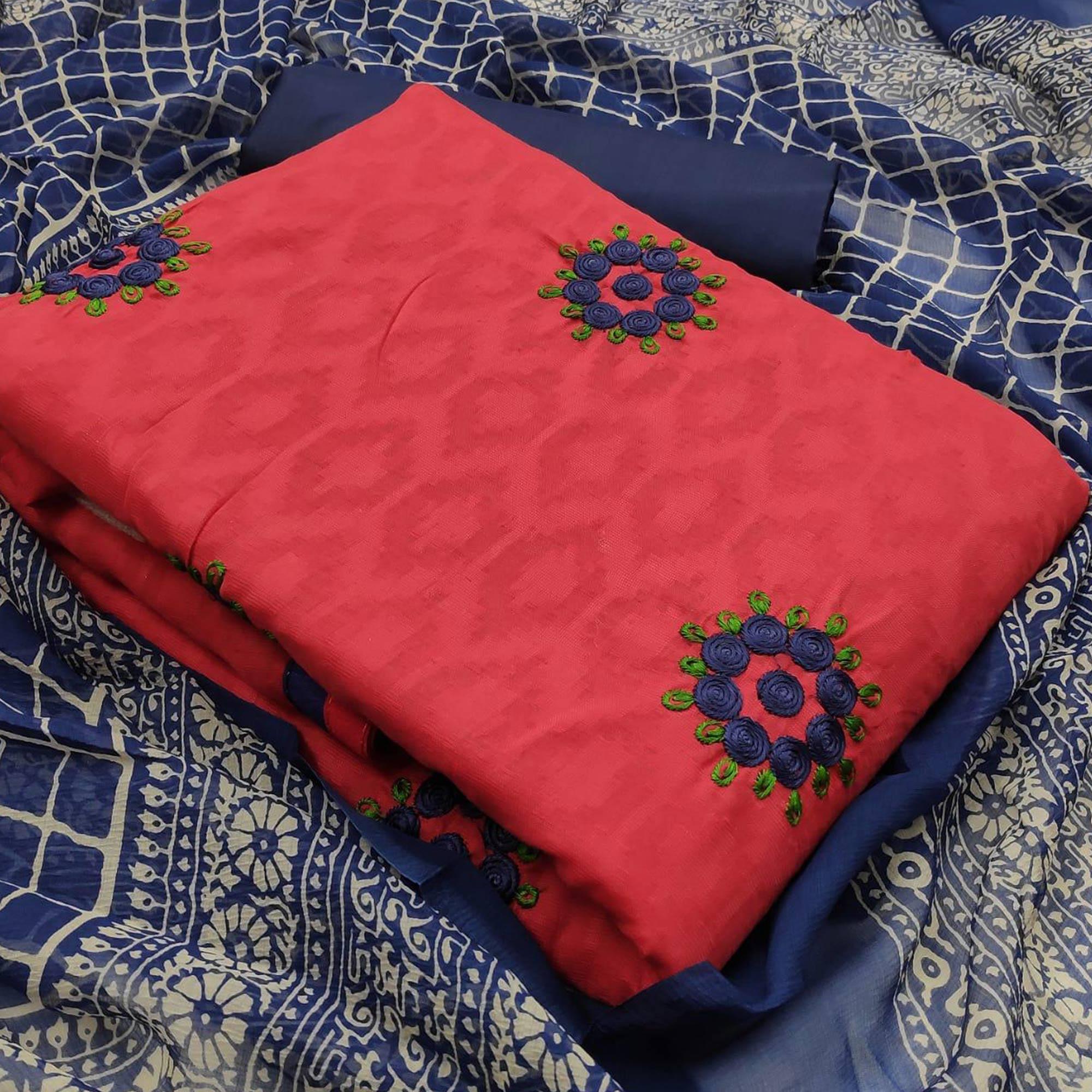Opulent Red Colored Casual Wear Embroidered Jacquard Dress Material - Peachmode
