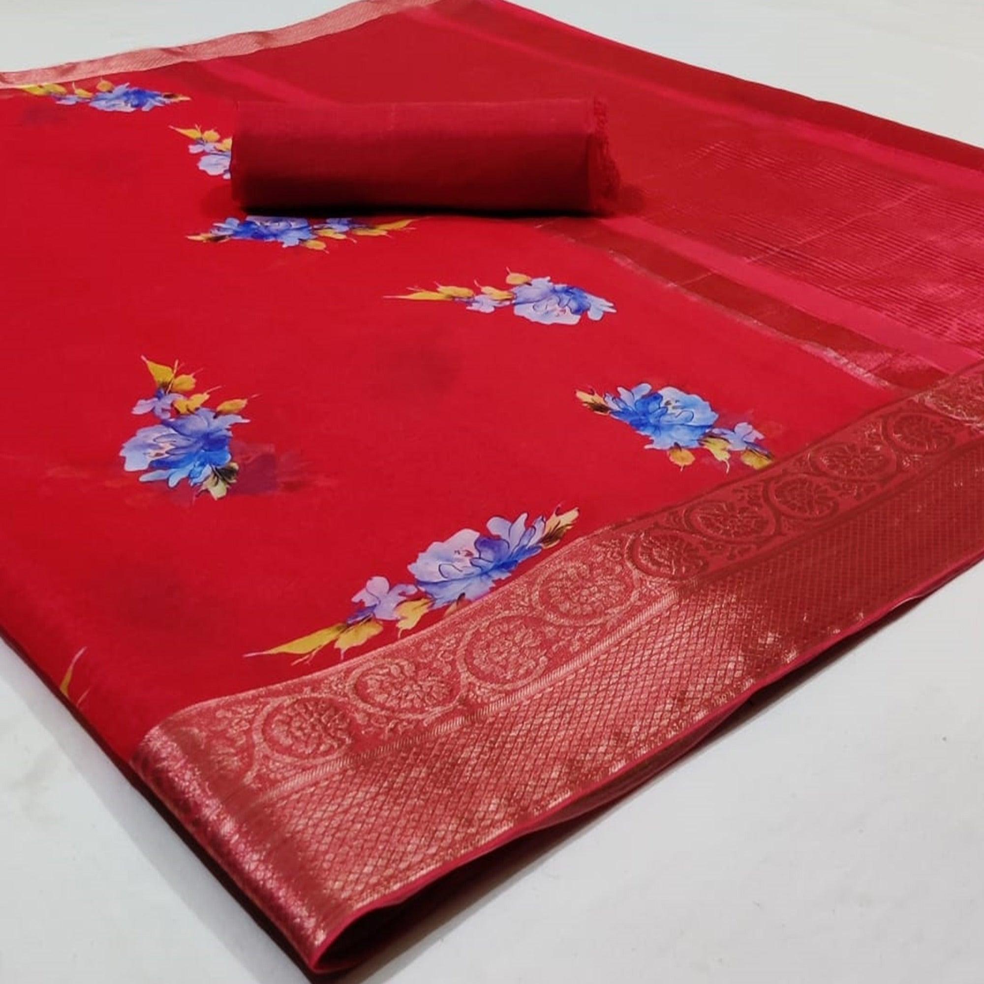 Opulent Red Colored Festive Wear Beautiful Floral Printed Organza Jacquard Silk Saree - Peachmode