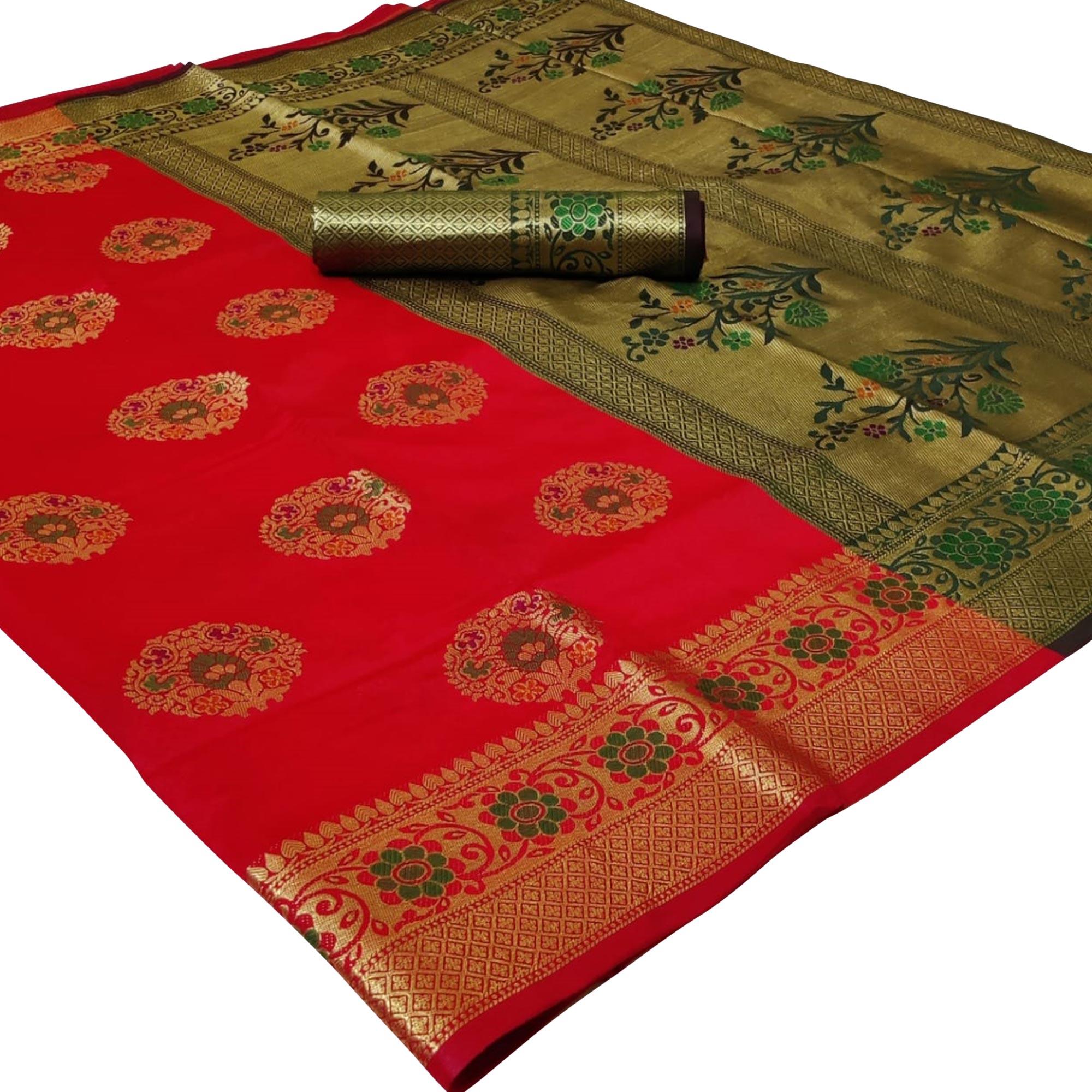 Opulent Red Colored Festive Wear Woven Silk Saree - Peachmode