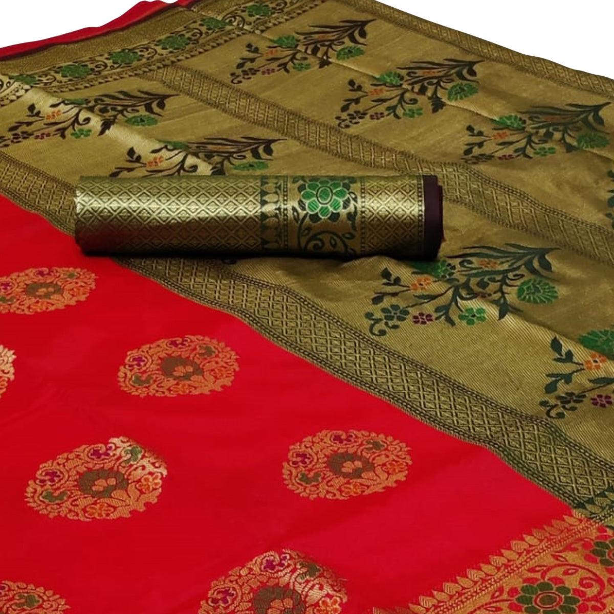 Opulent Red Colored Festive Wear Woven Silk Saree - Peachmode