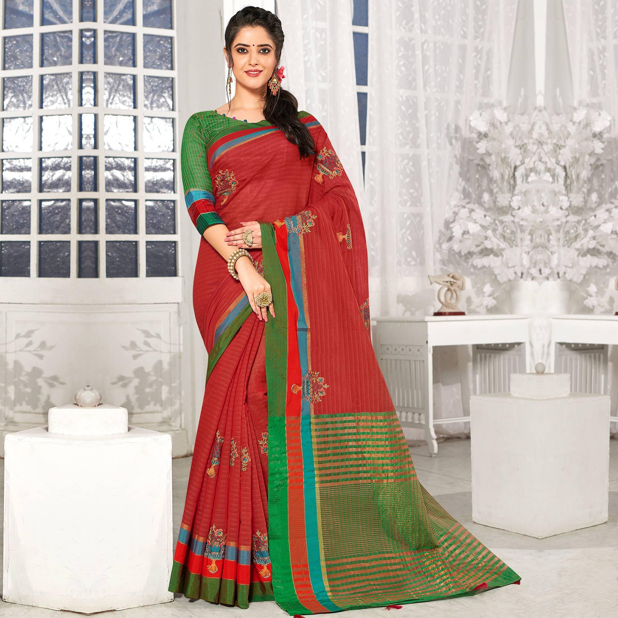 Opulent Red Colored Party Wear Embroidered Cotton Silk Saree With Tassels - Peachmode
