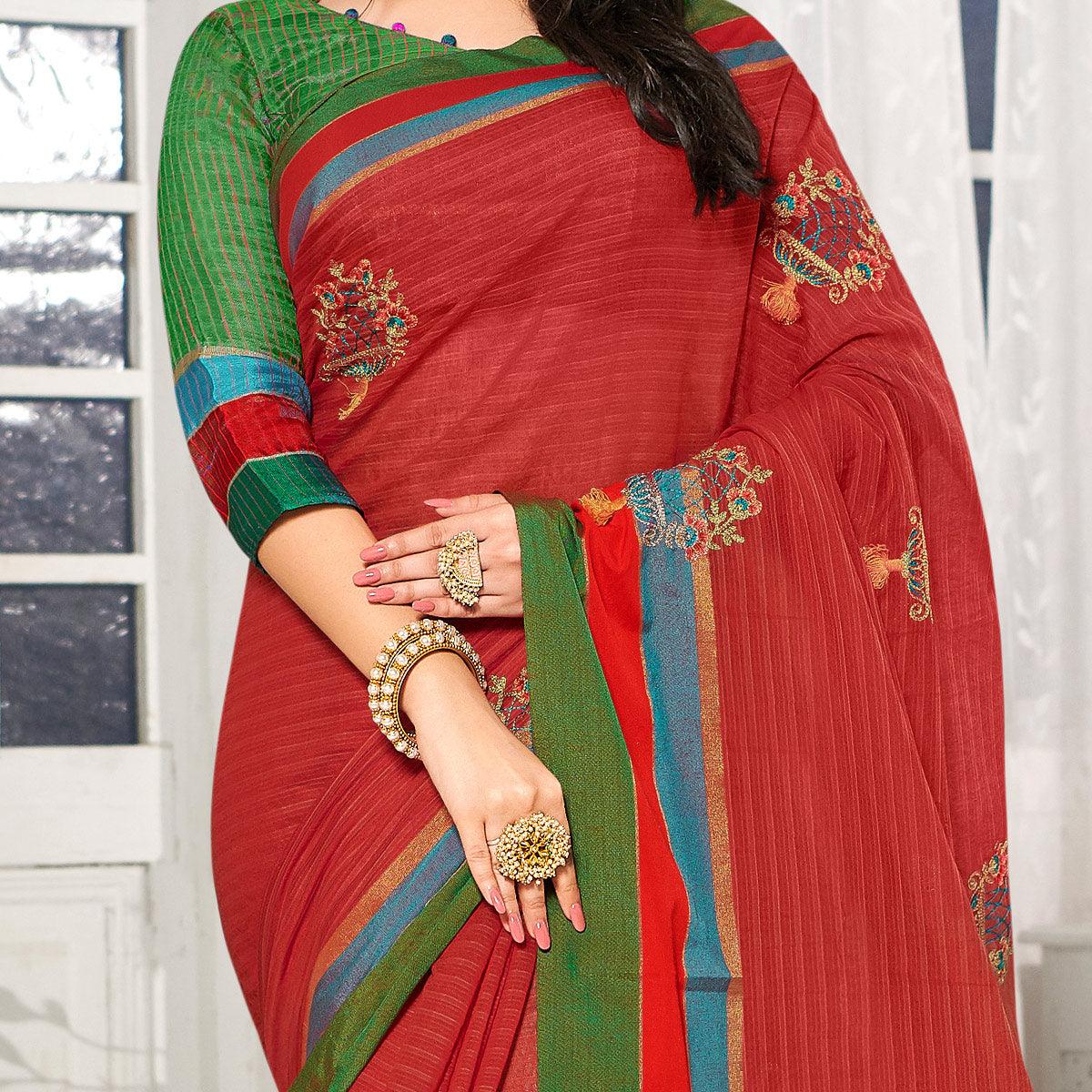 Opulent Red Colored Party Wear Embroidered Cotton Silk Saree With Tassels - Peachmode