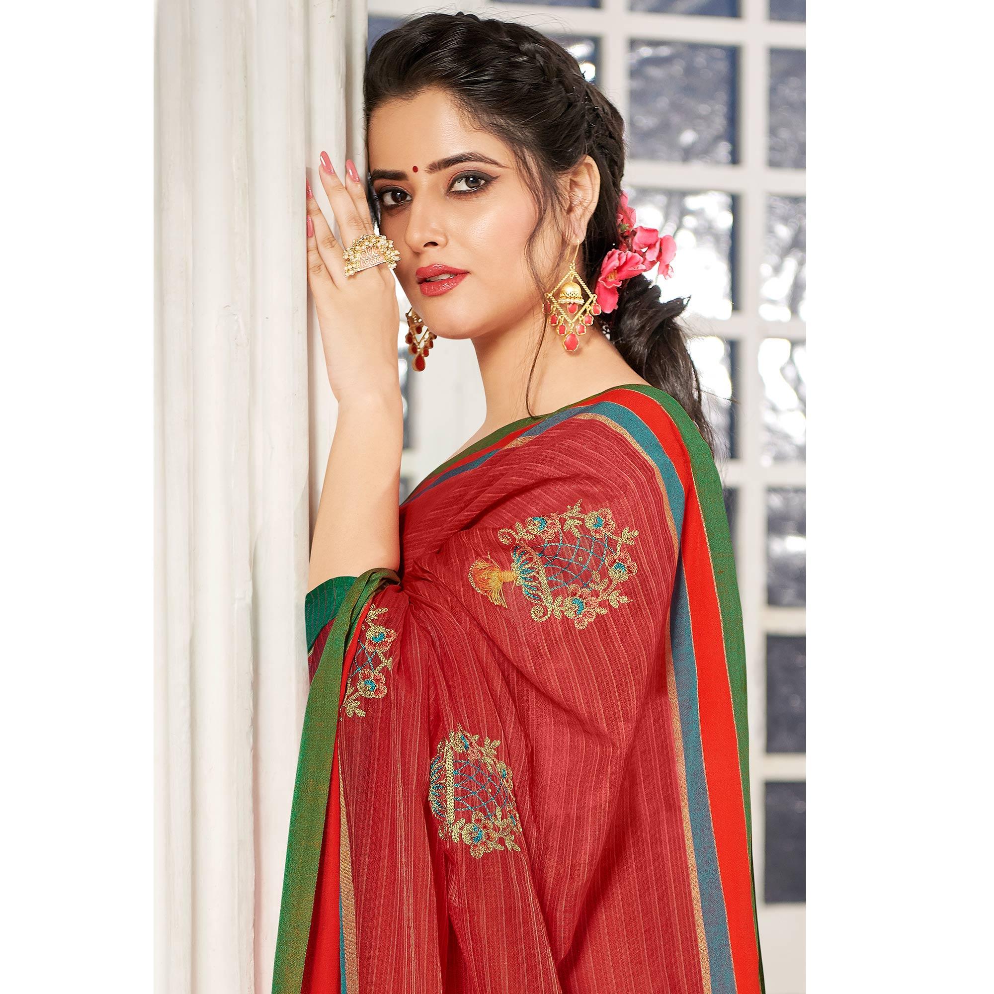 Opulent Red Colored Party Wear Embroidered Cotton Silk Saree With Tassels - Peachmode