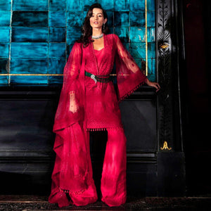 Opulent Red Colored Partywear Embroidered Netted Palazzo Suit - Peachmode