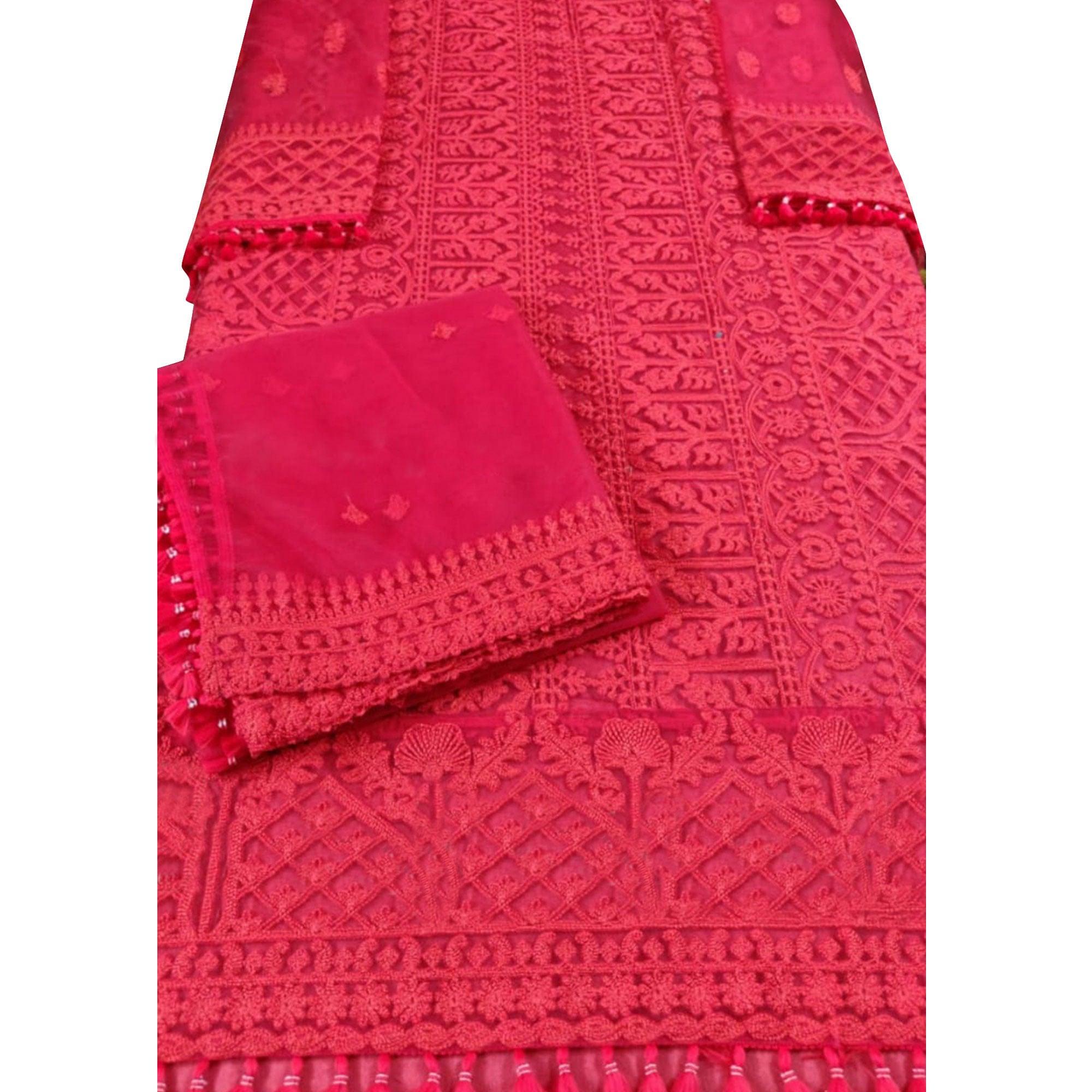 Opulent Red Colored Partywear Embroidered Netted Palazzo Suit - Peachmode