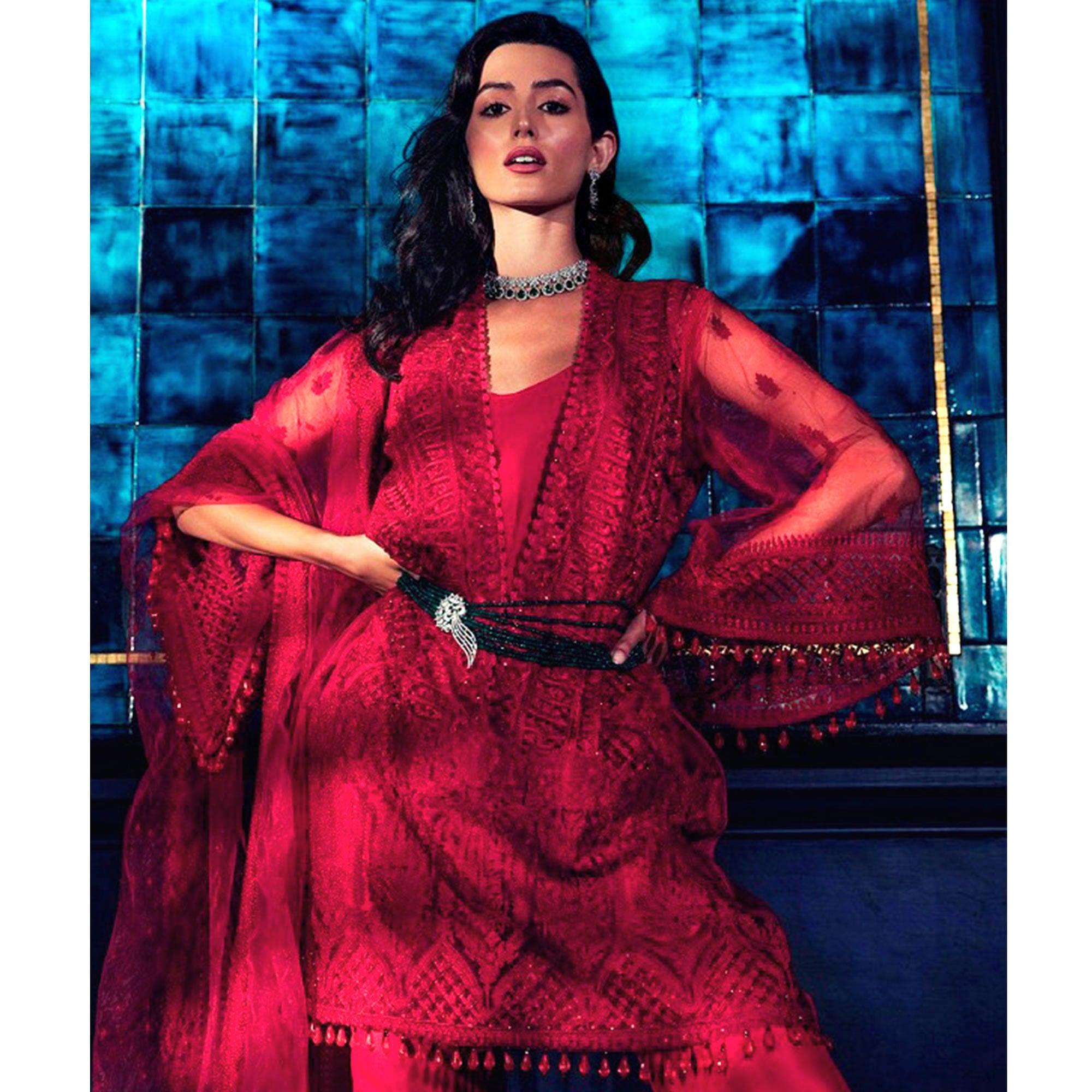 Opulent Red Colored Partywear Embroidered Netted Palazzo Suit - Peachmode