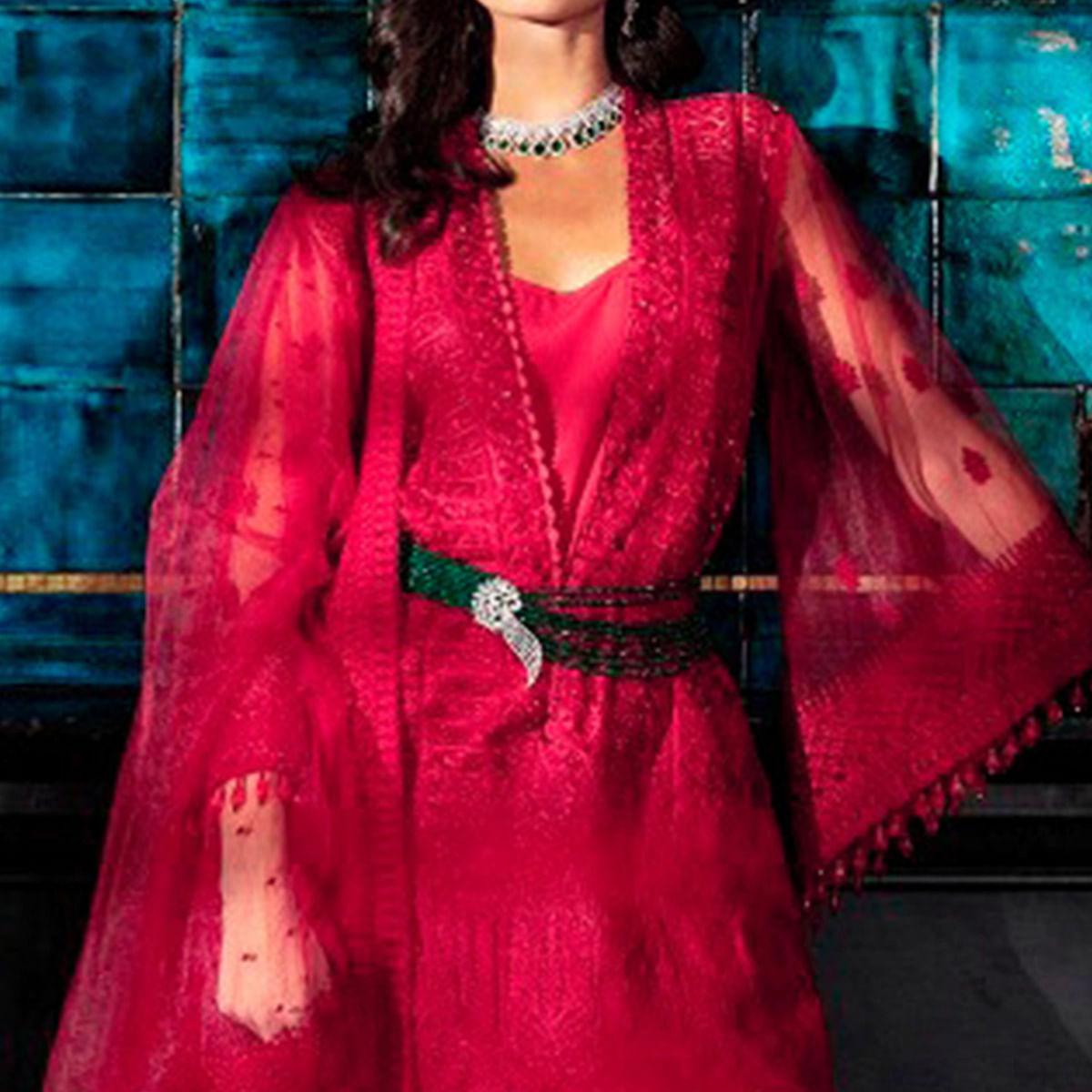 Opulent Red Colored Partywear Embroidered Netted Palazzo Suit - Peachmode