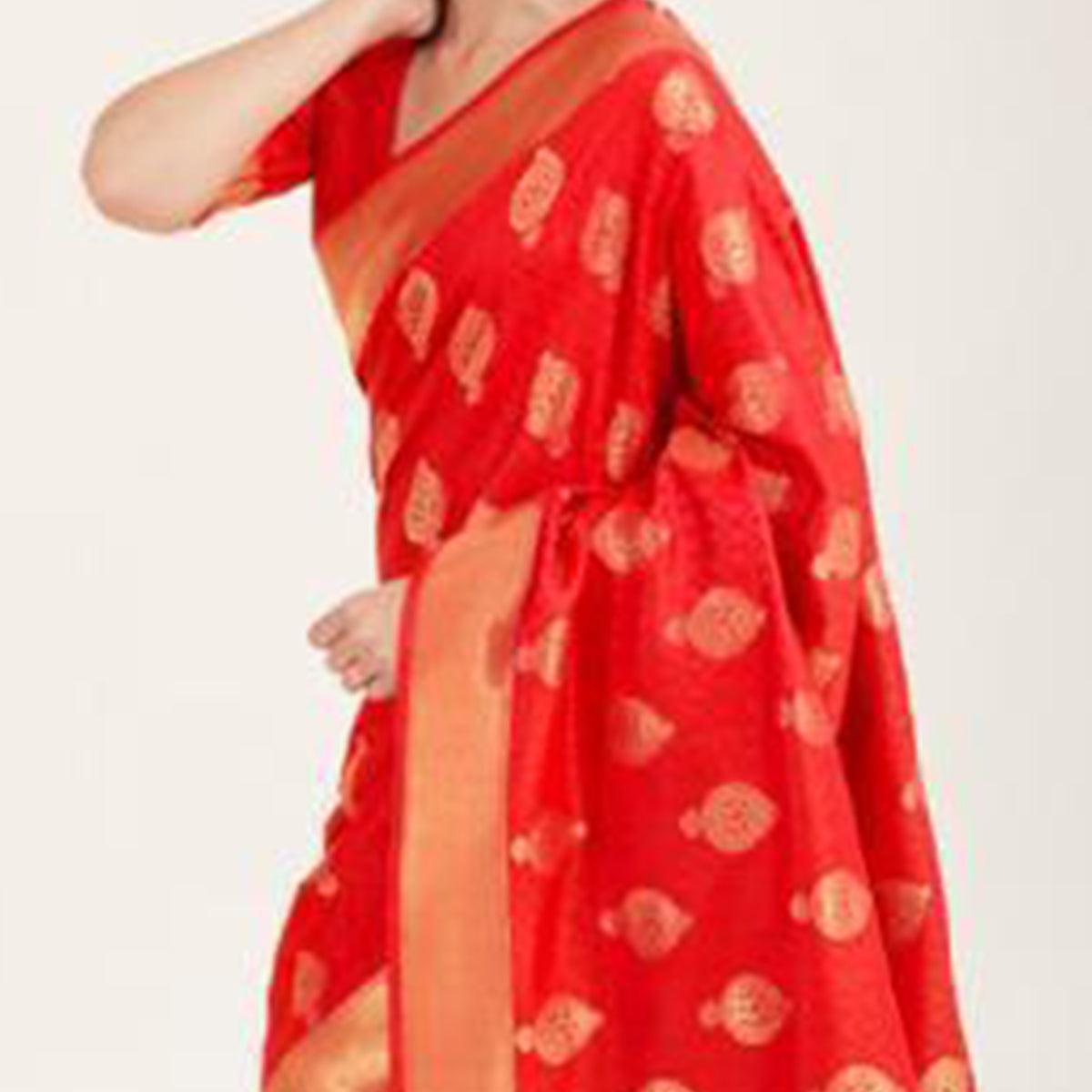 Opulent Red Coloured Festive Wear Handloom Woven Silk Saree - Peachmode