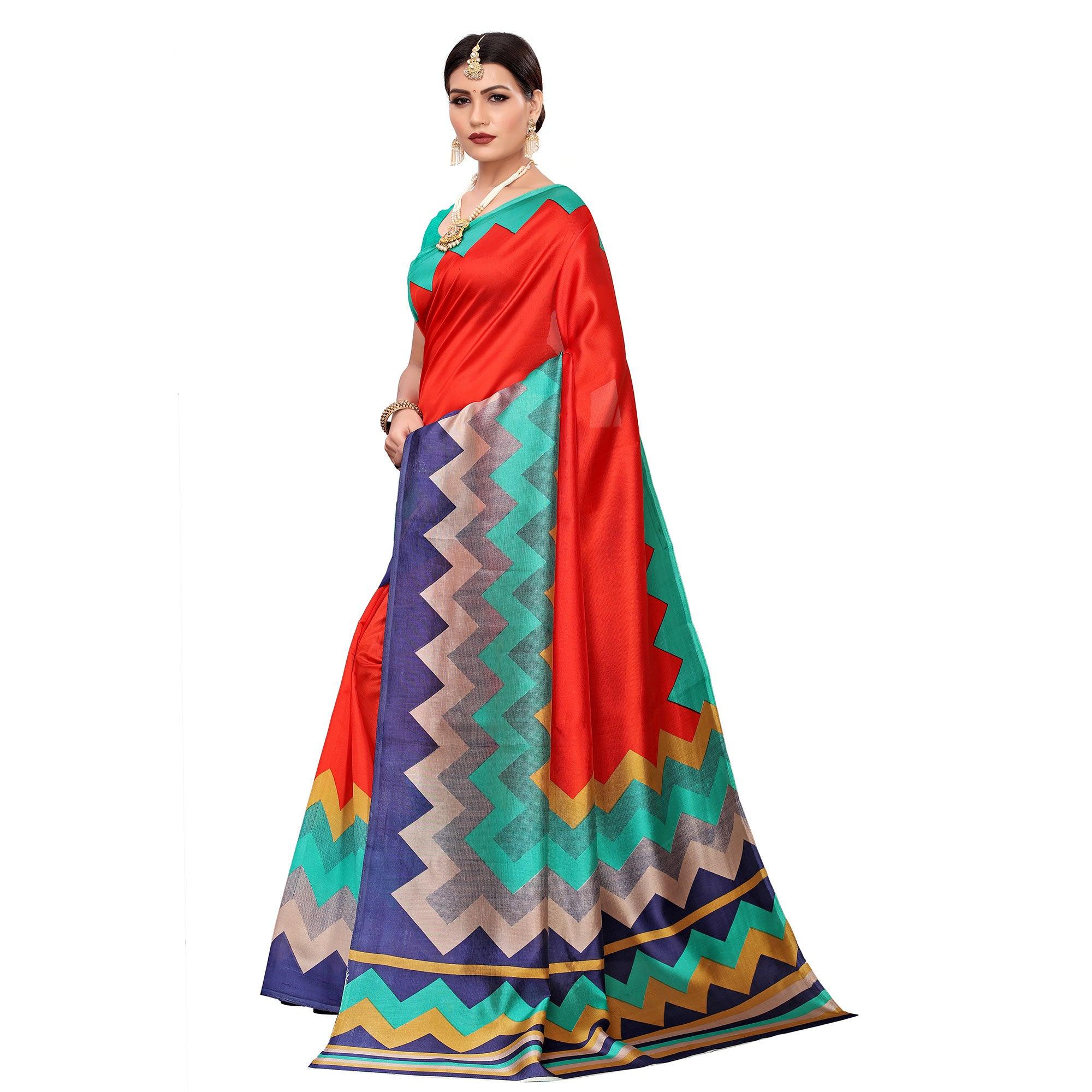 Opulent Red-Multi Colored Casual Printed Mysore Silk Saree - Peachmode