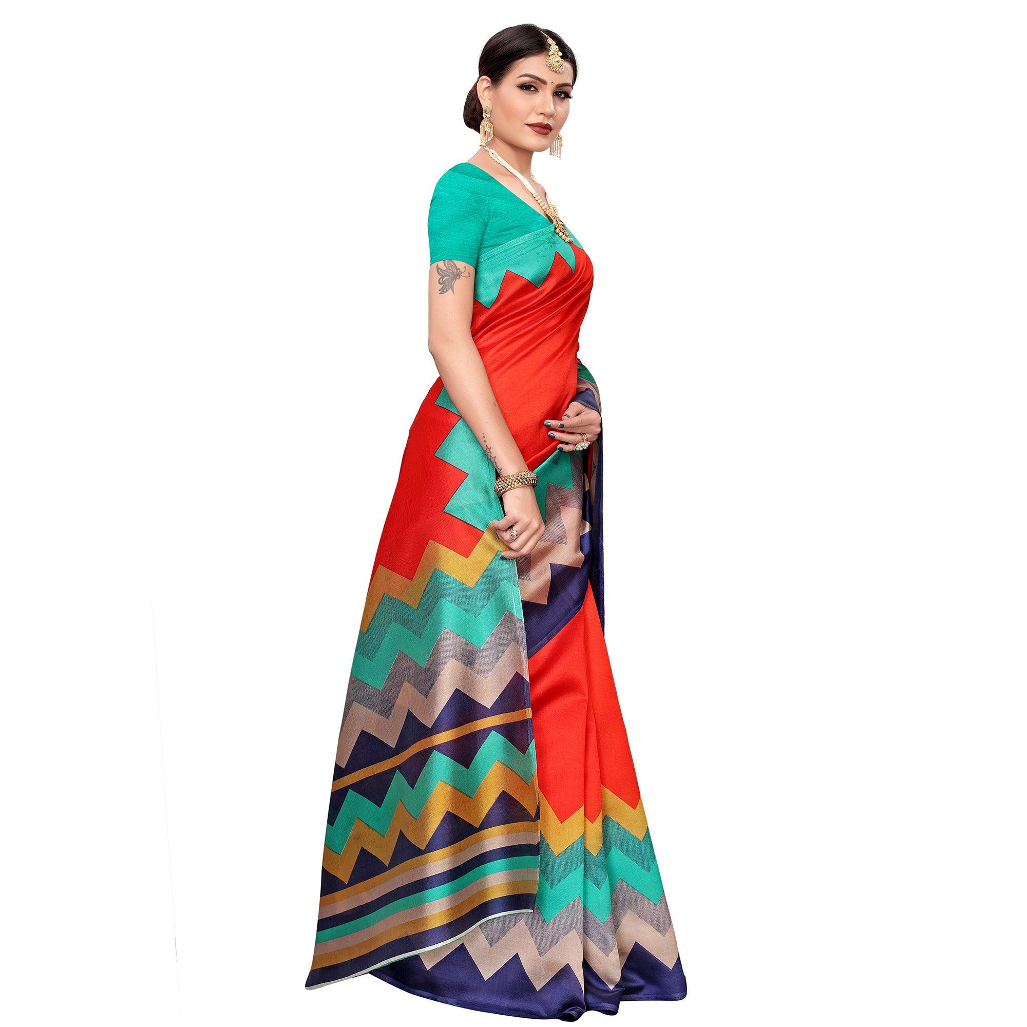 Opulent Red-Multi Colored Casual Printed Mysore Silk Saree - Peachmode