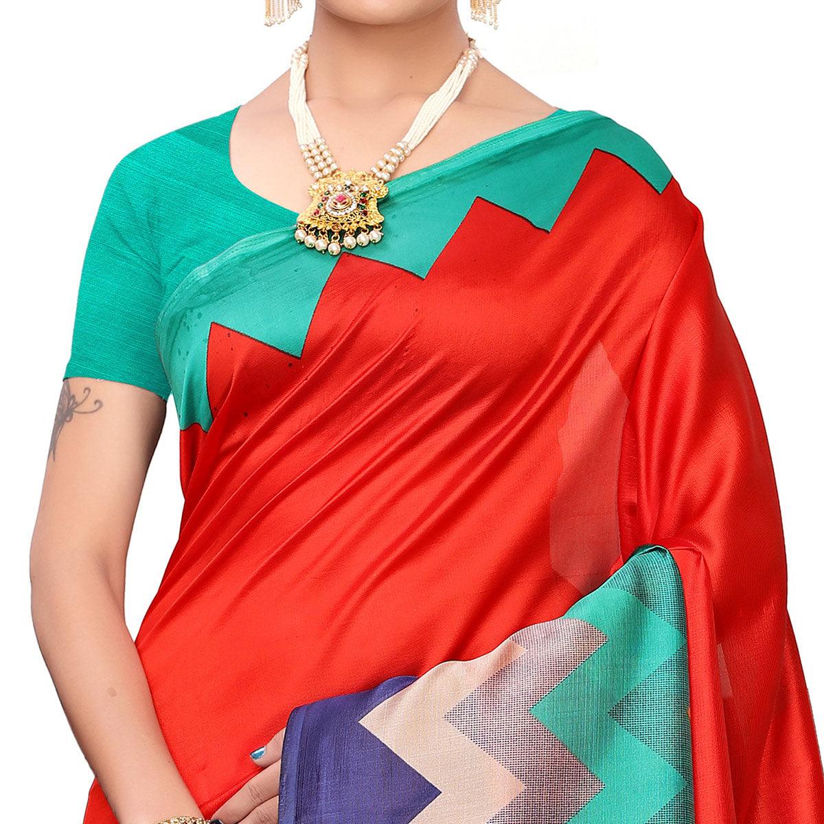 Opulent Red-Multi Colored Casual Printed Mysore Silk Saree - Peachmode