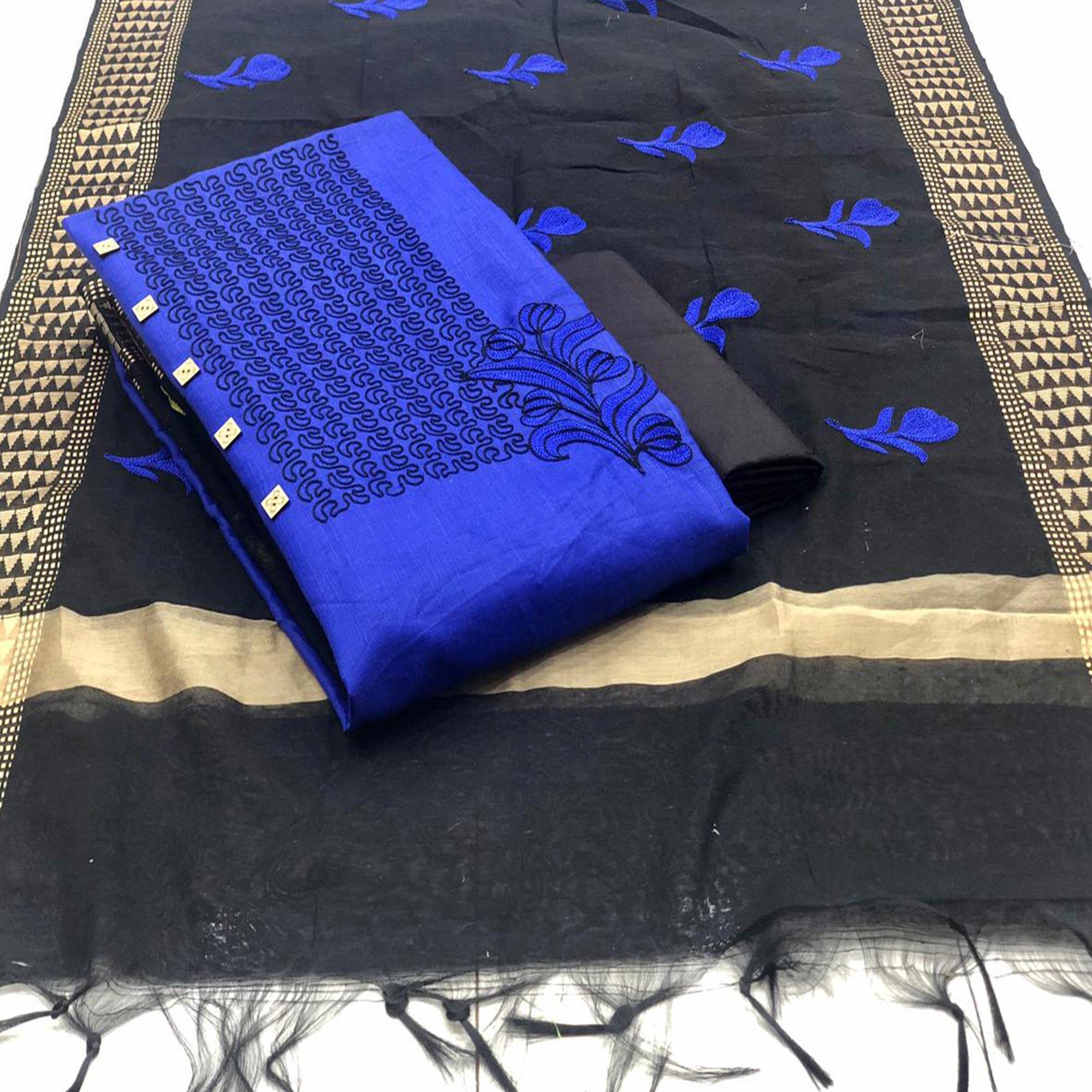 Opulent Royal Blue Colored Casual Wear Embroidered Cotton Dress Material - Peachmode