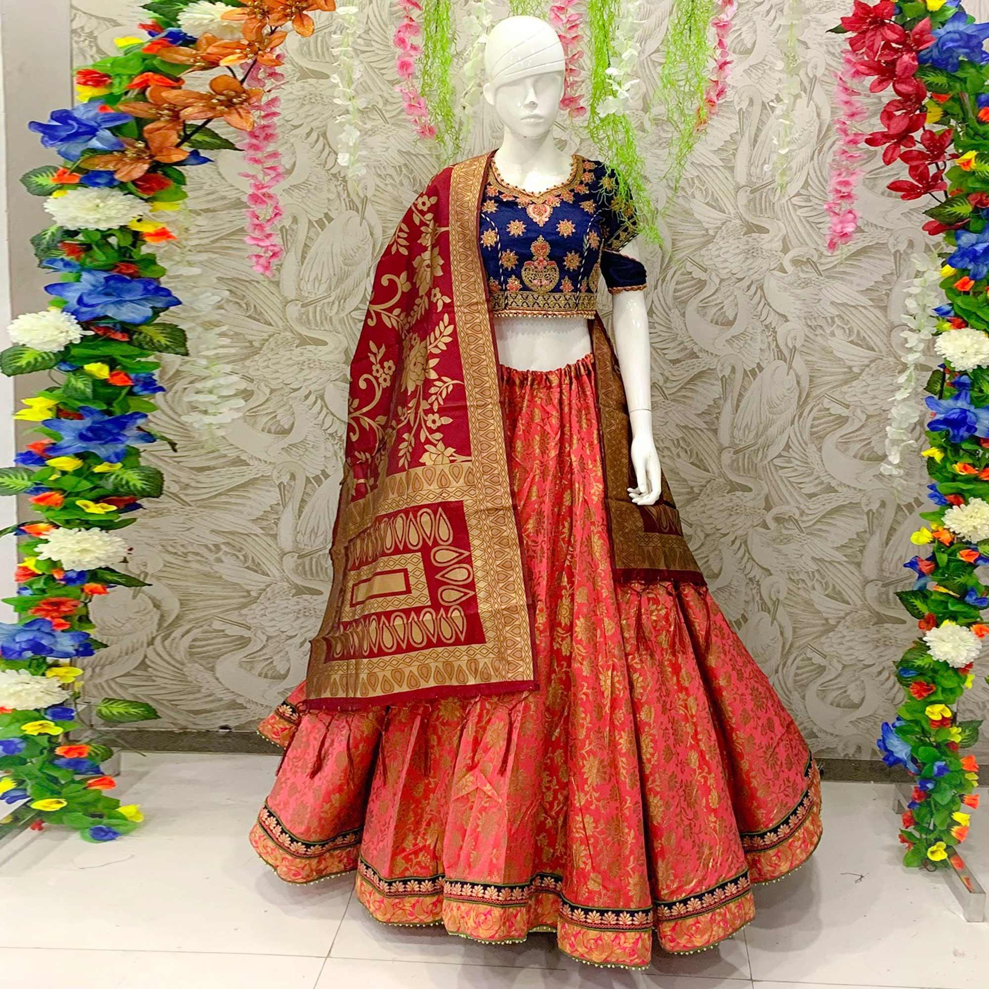 Opulent Rust Colored Designer Wedding Wear Woven Banarasi Silk Lehenga Choli - Peachmode