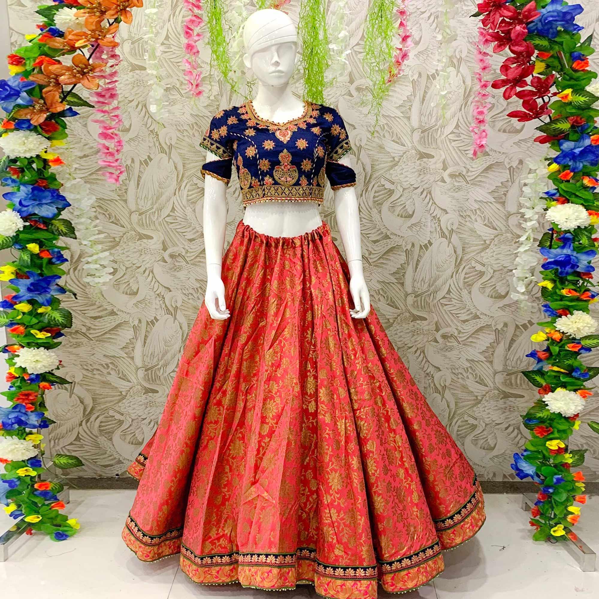 Opulent Rust Colored Designer Wedding Wear Woven Banarasi Silk Lehenga Choli - Peachmode