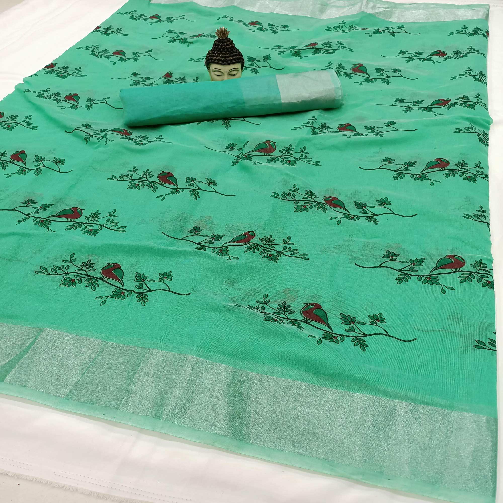 Opulent Sea Green Colored Casual Wear Block Printed Cotton Linen Saree - Peachmode
