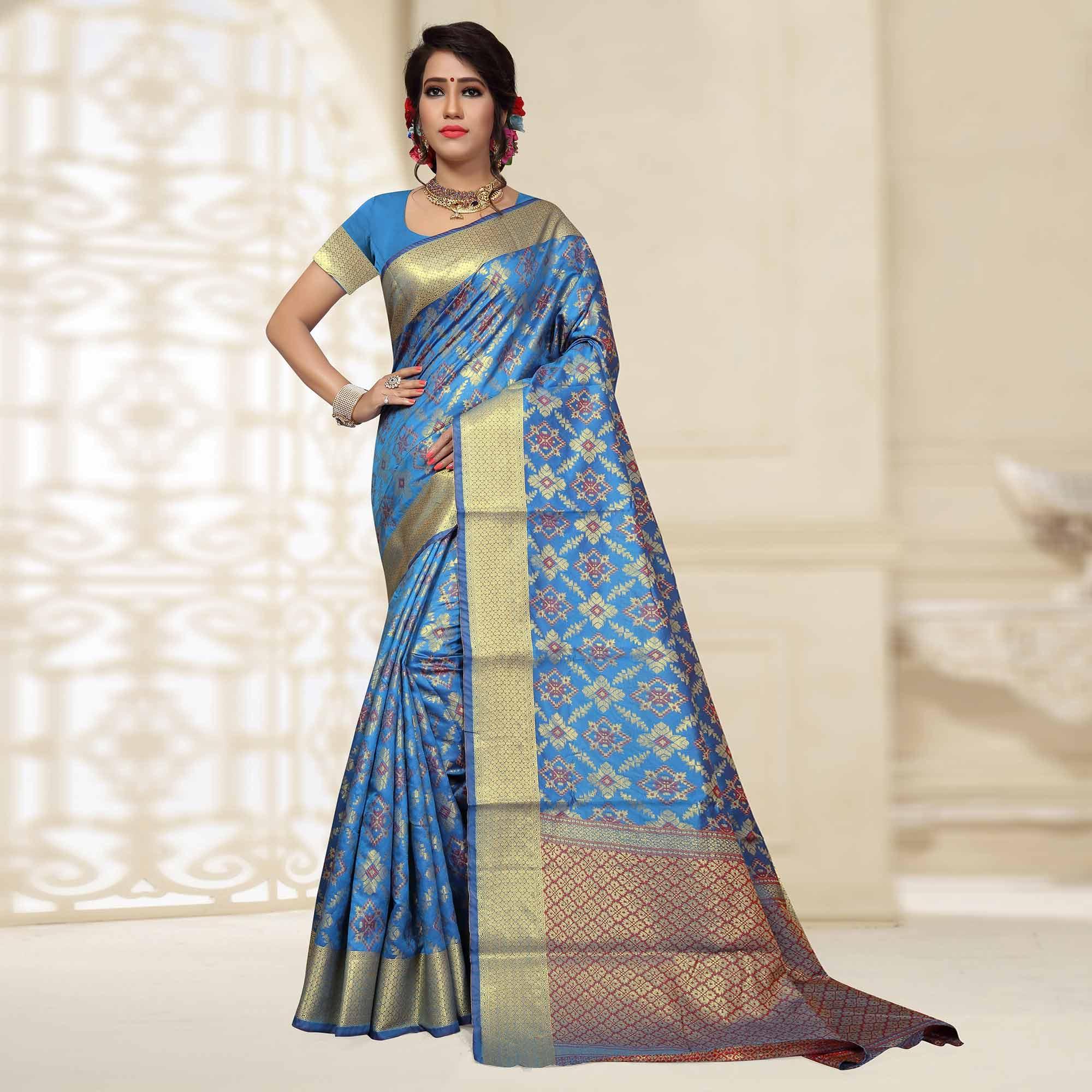 Opulent Sky Blue Colored Festive Wear Woven Silk Saree - Peachmode