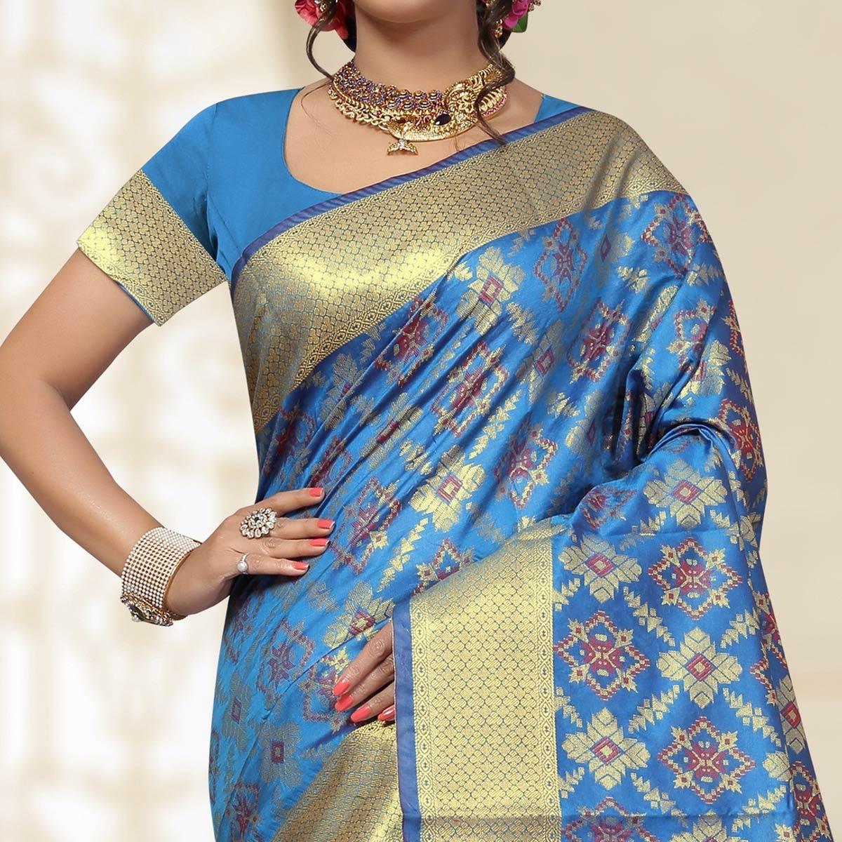 Opulent Sky Blue Colored Festive Wear Woven Silk Saree - Peachmode