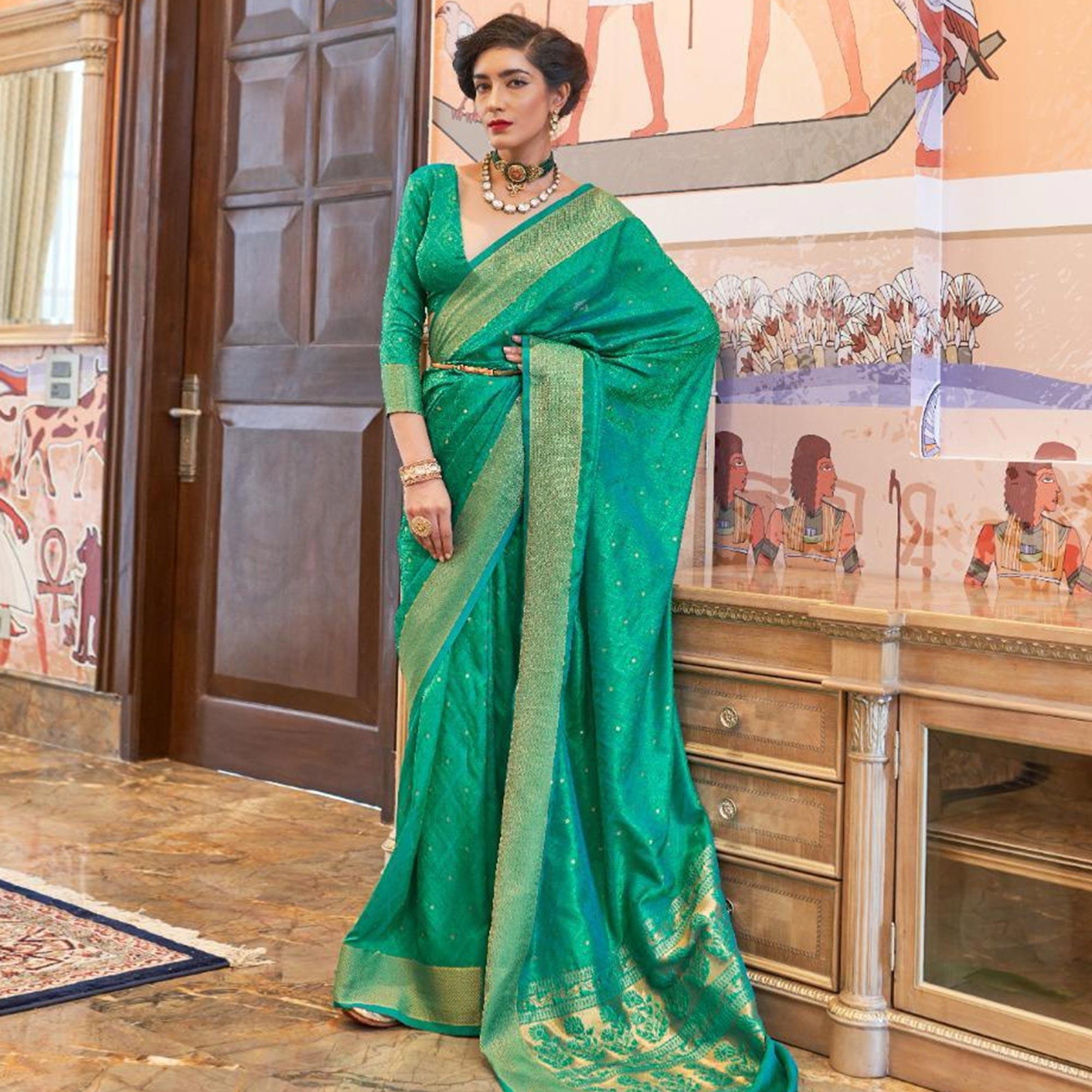 Opulent Turquoise Green Colored Festive Wear Woven Pure Kanjivaram Silk Saree - Peachmode