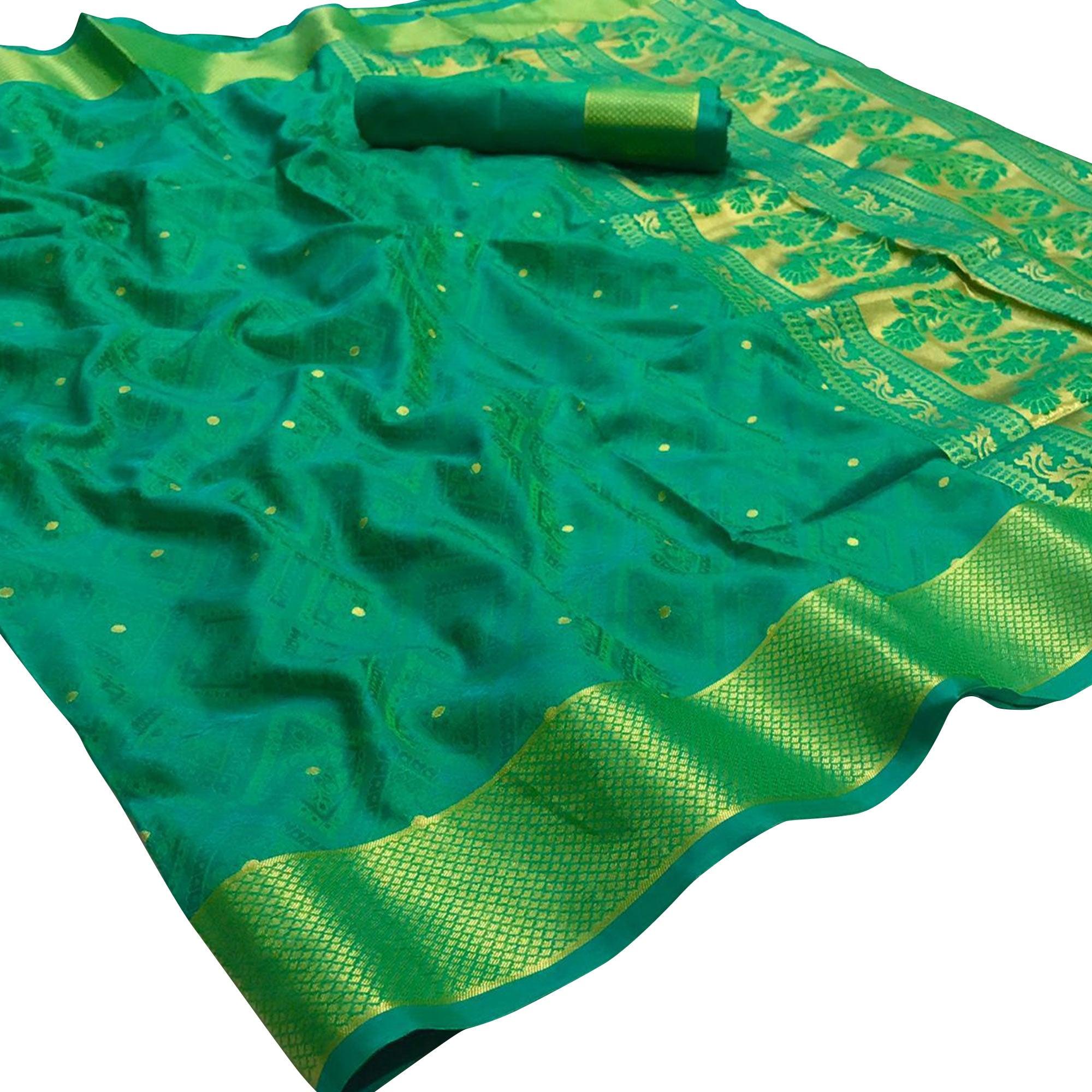 Opulent Turquoise Green Colored Festive Wear Woven Pure Kanjivaram Silk Saree - Peachmode