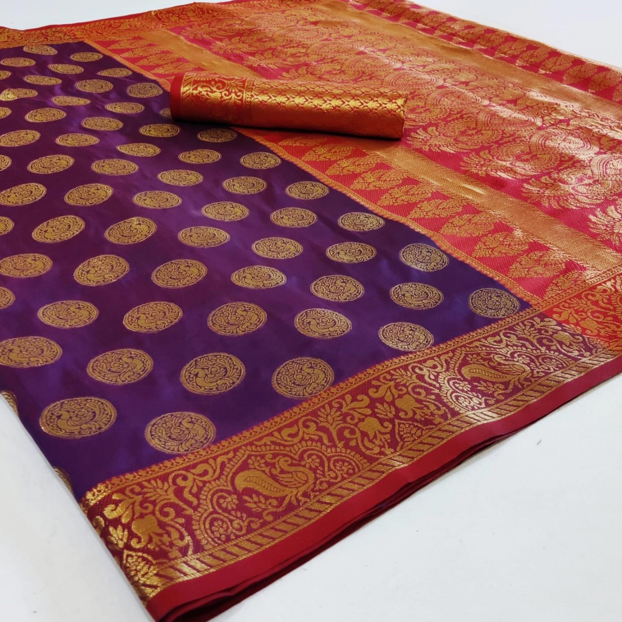 Opulent Violet Colored Festive Wear Woven Heavy Silk Saree - Peachmode
