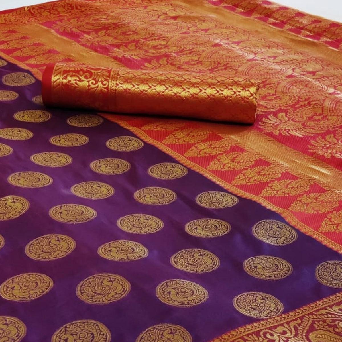 Opulent Violet Colored Festive Wear Woven Heavy Silk Saree - Peachmode