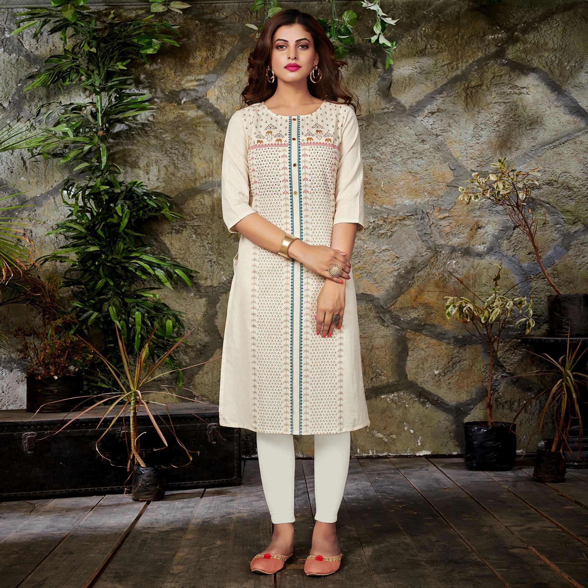 Opulent White Colored Casual Printed Cotton Kurti - Peachmode