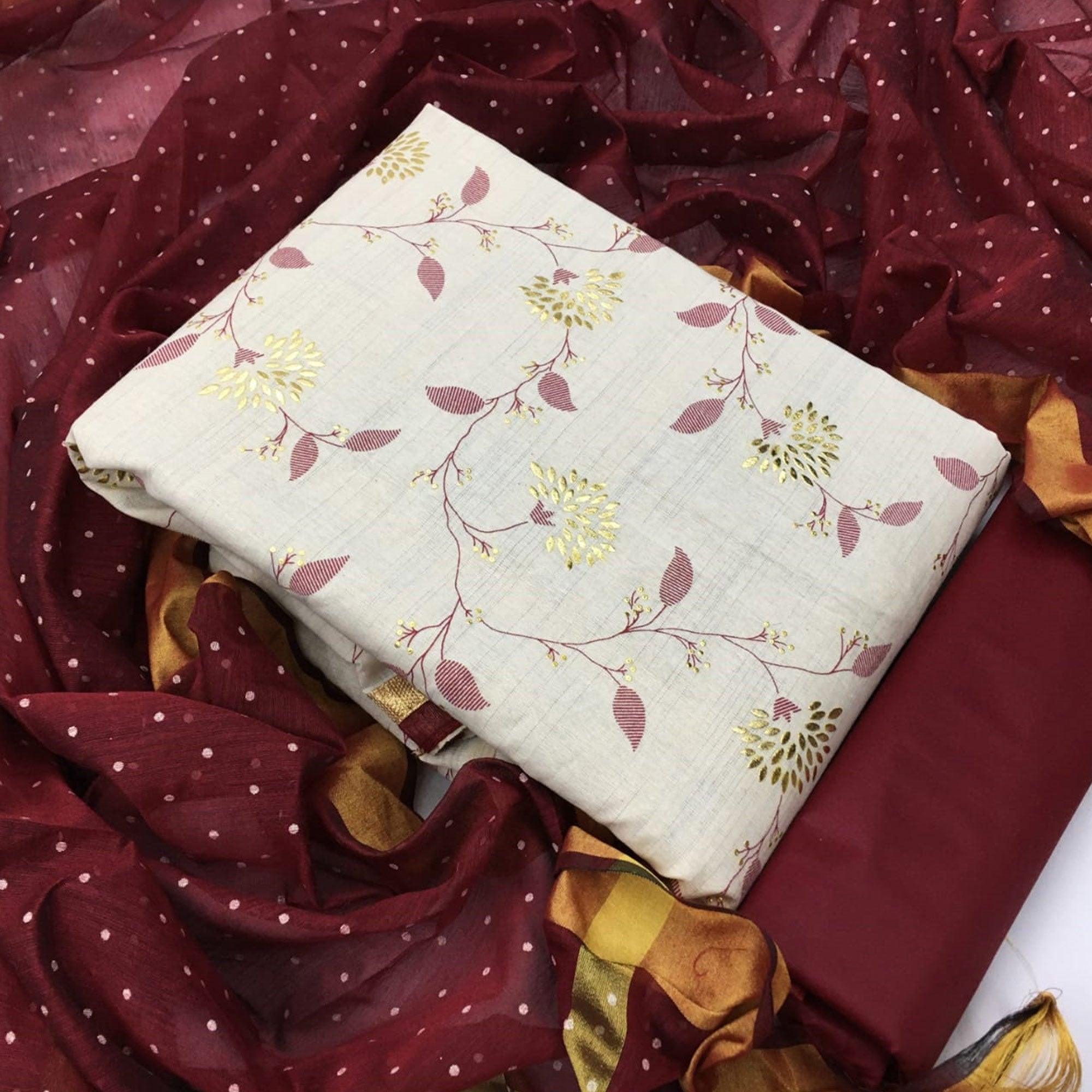 Opulent White - Maroon Colored Casual Wear Foil Work Khadi Dress Material - Peachmode