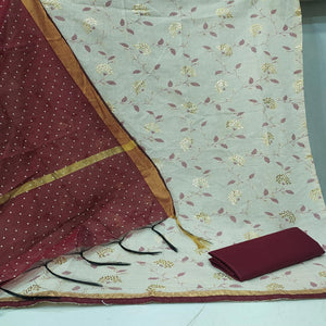 Opulent White - Maroon Colored Casual Wear Foil Work Khadi Dress Material - Peachmode
