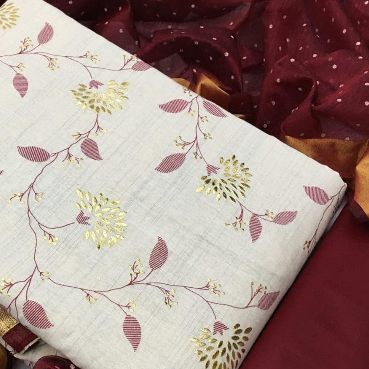 Opulent White - Maroon Colored Casual Wear Foil Work Khadi Dress Material - Peachmode